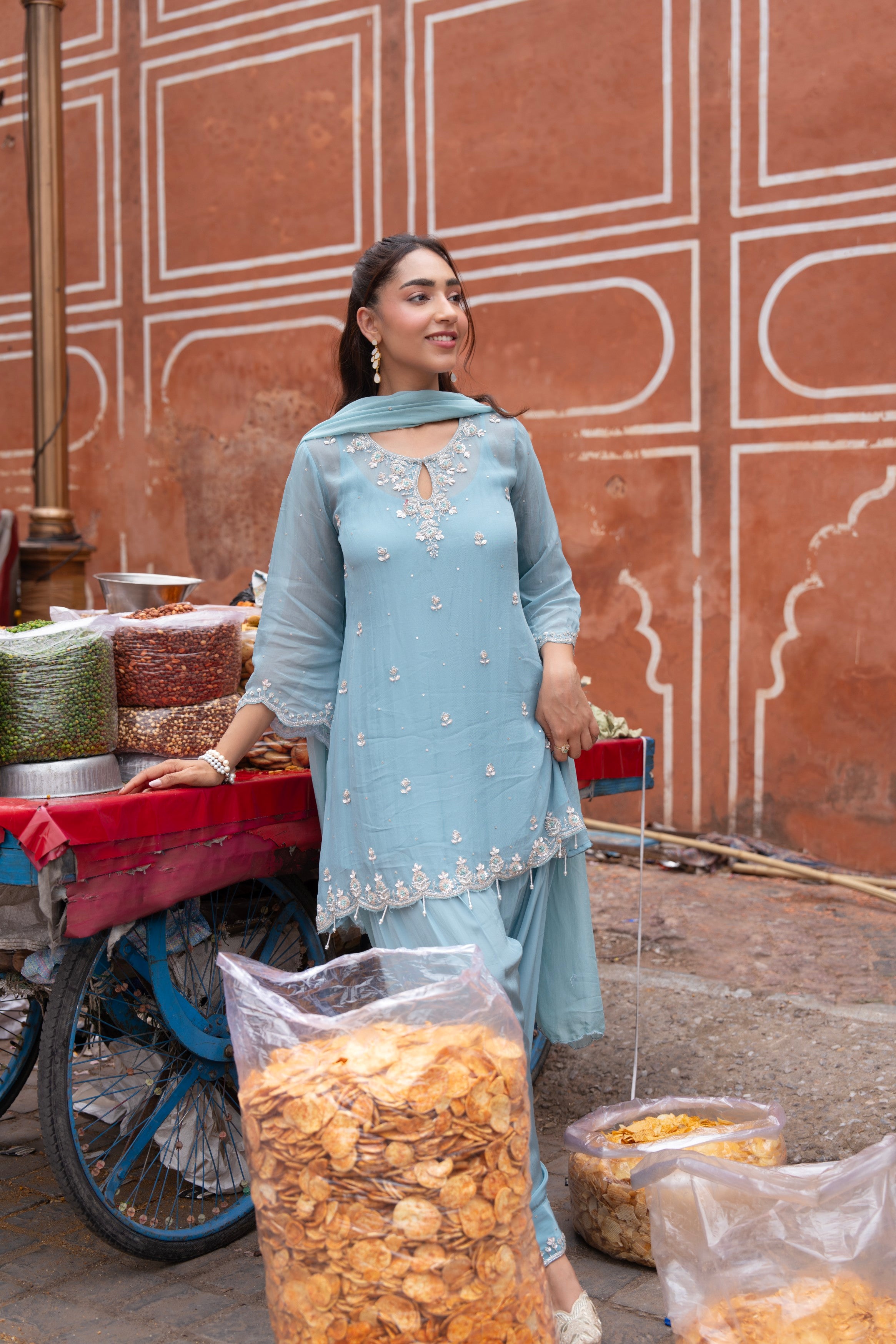Mist Blue Embellished Tissue Silk Pants Set