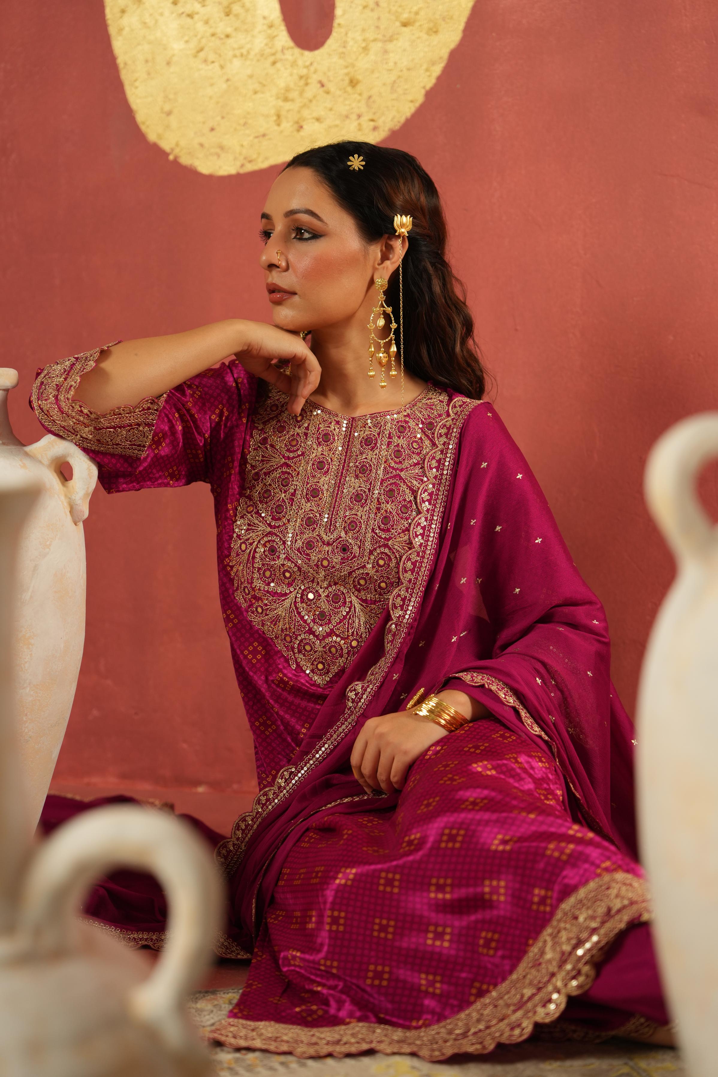 Magenta Pink Embellished Chinon Silk Pant Set