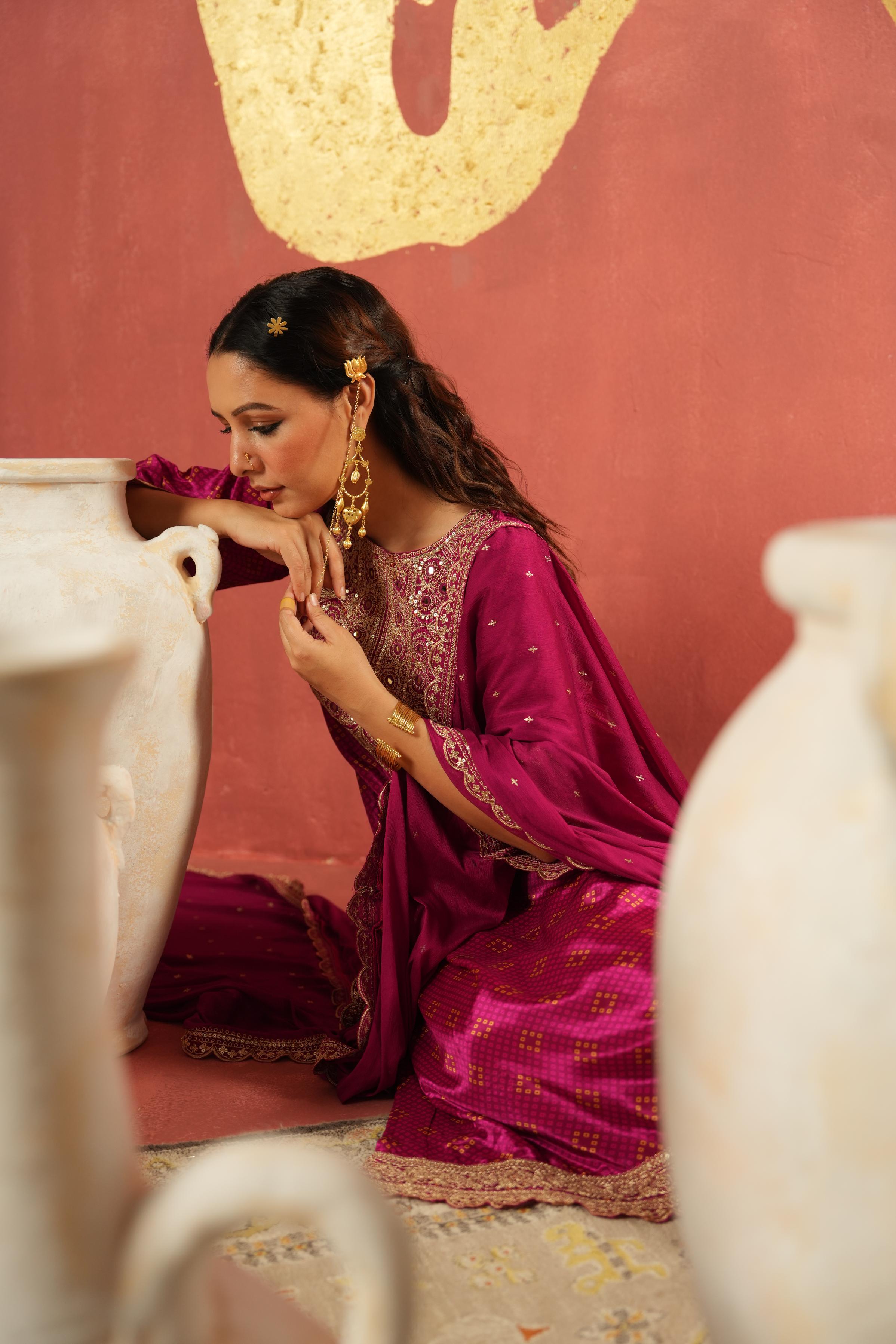 Magenta Pink Embellished Chinon Silk Pant Set