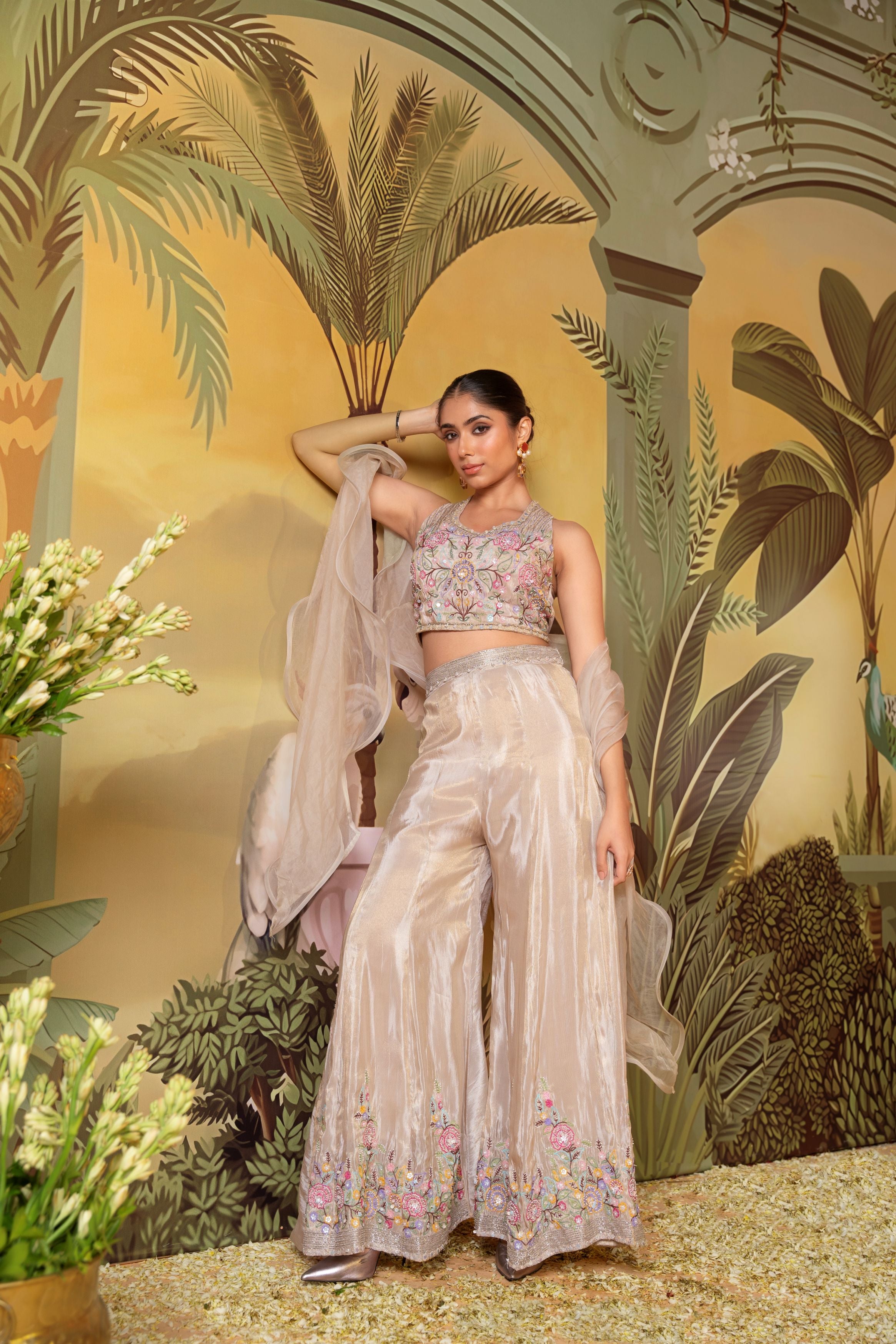 Champagne Beige Embellished Organza Silk Palazzo Set
