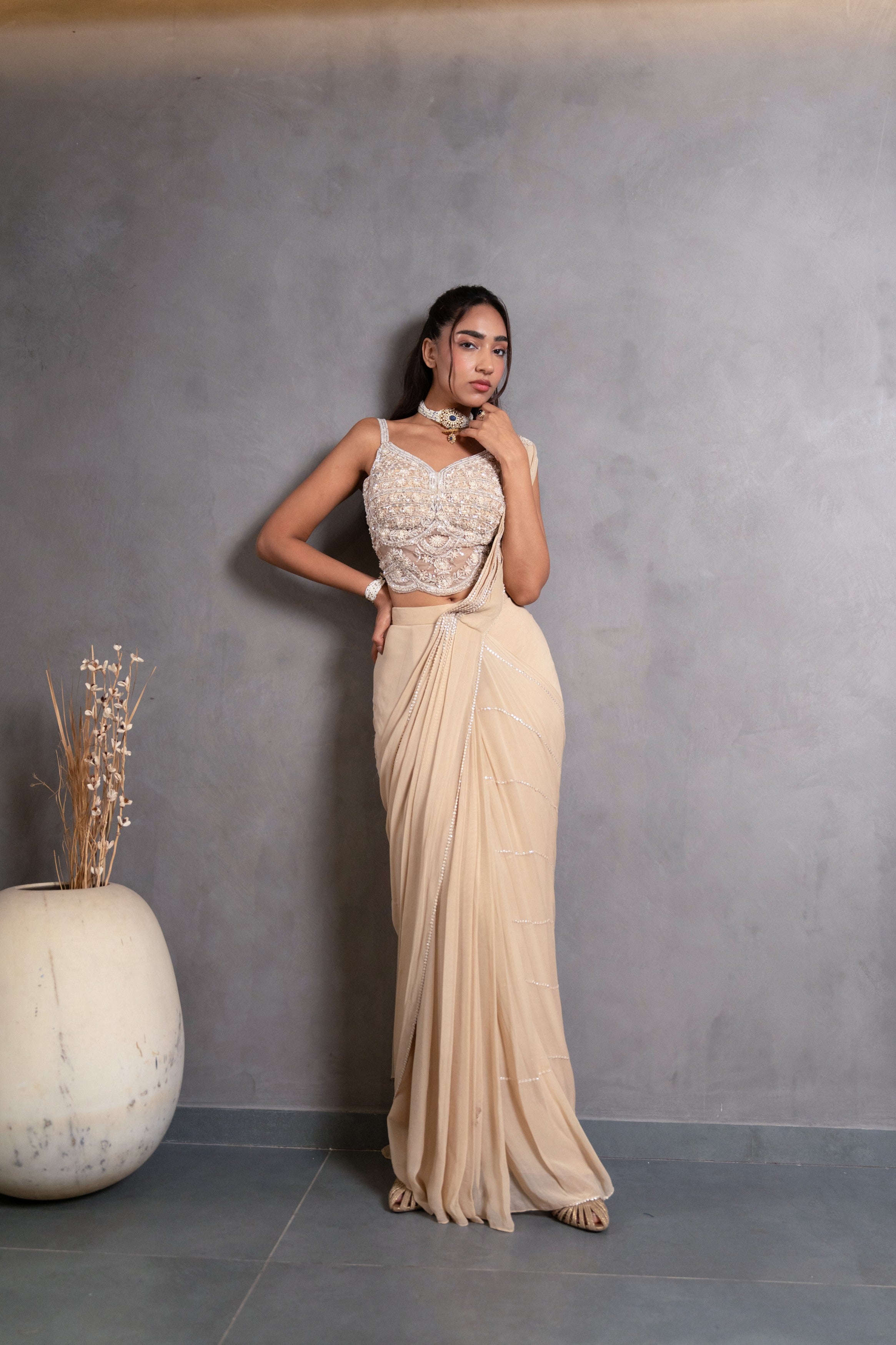 Champagne Beige Embellished Chinon Silk Pre-Draped Saree