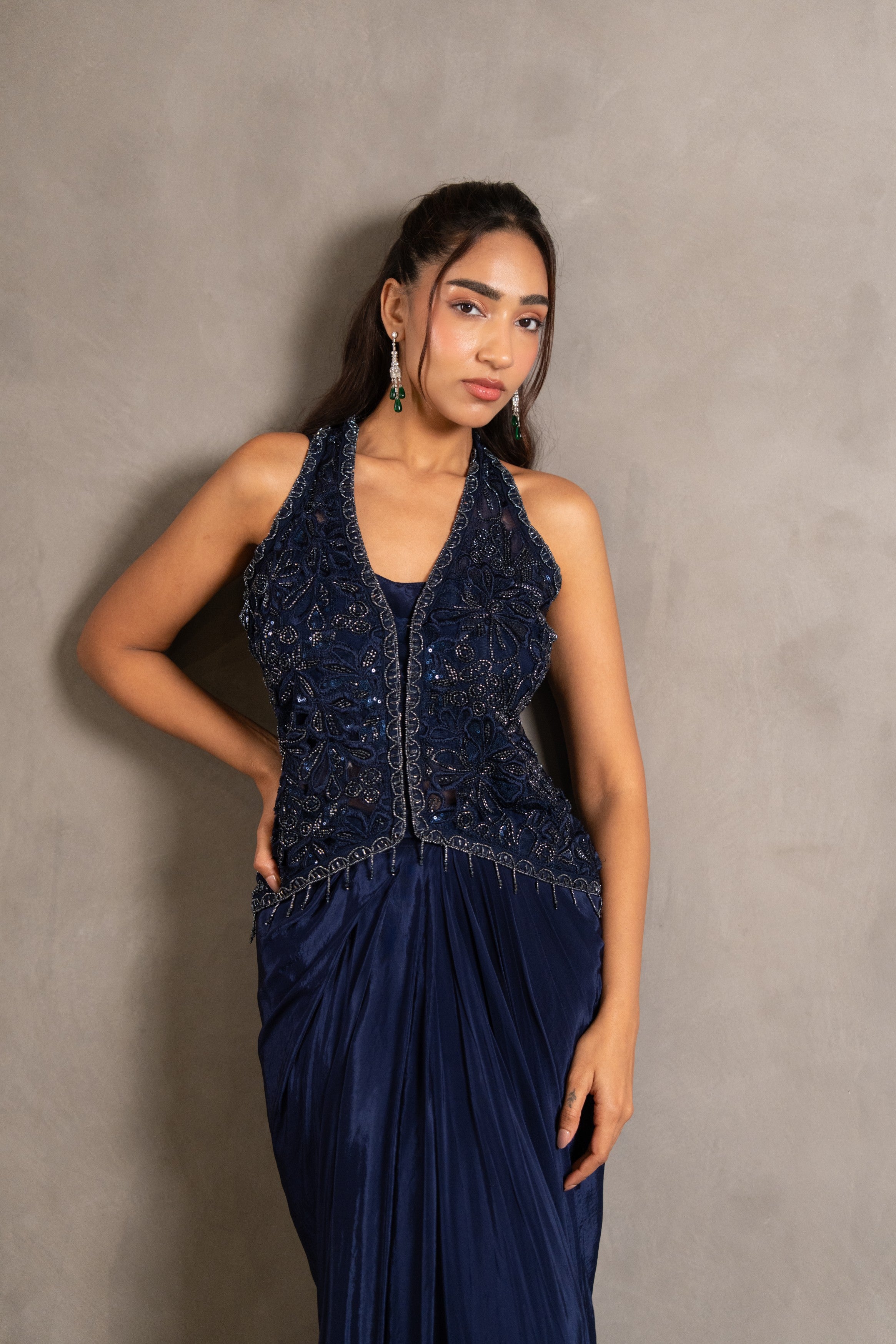 Starlit Navy Embellished Crepe Silk Skirt Set