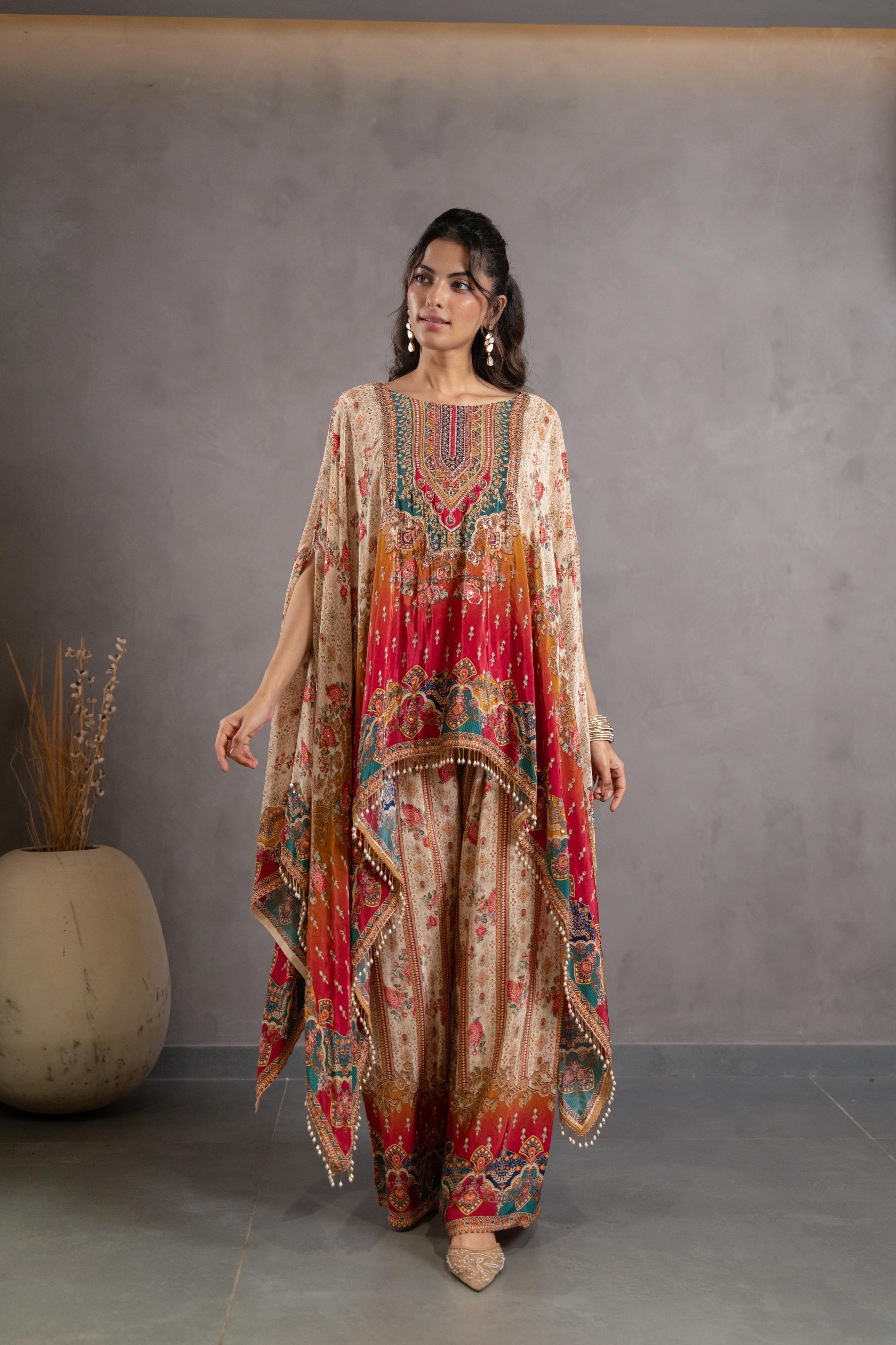Multicolor Printed Crepe Silk Kaftan Set