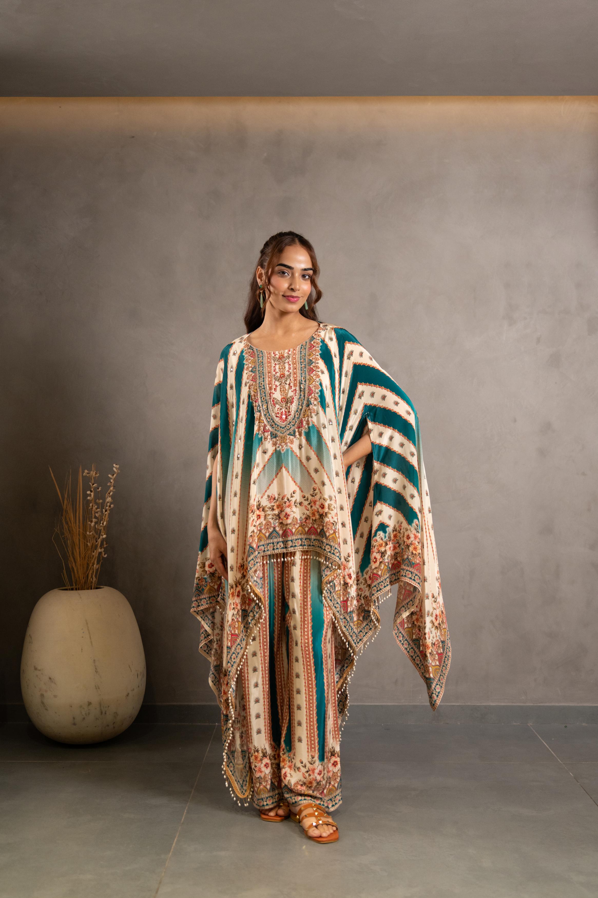 Peacock Teal Printed Crepe Silk Kaftan Set
