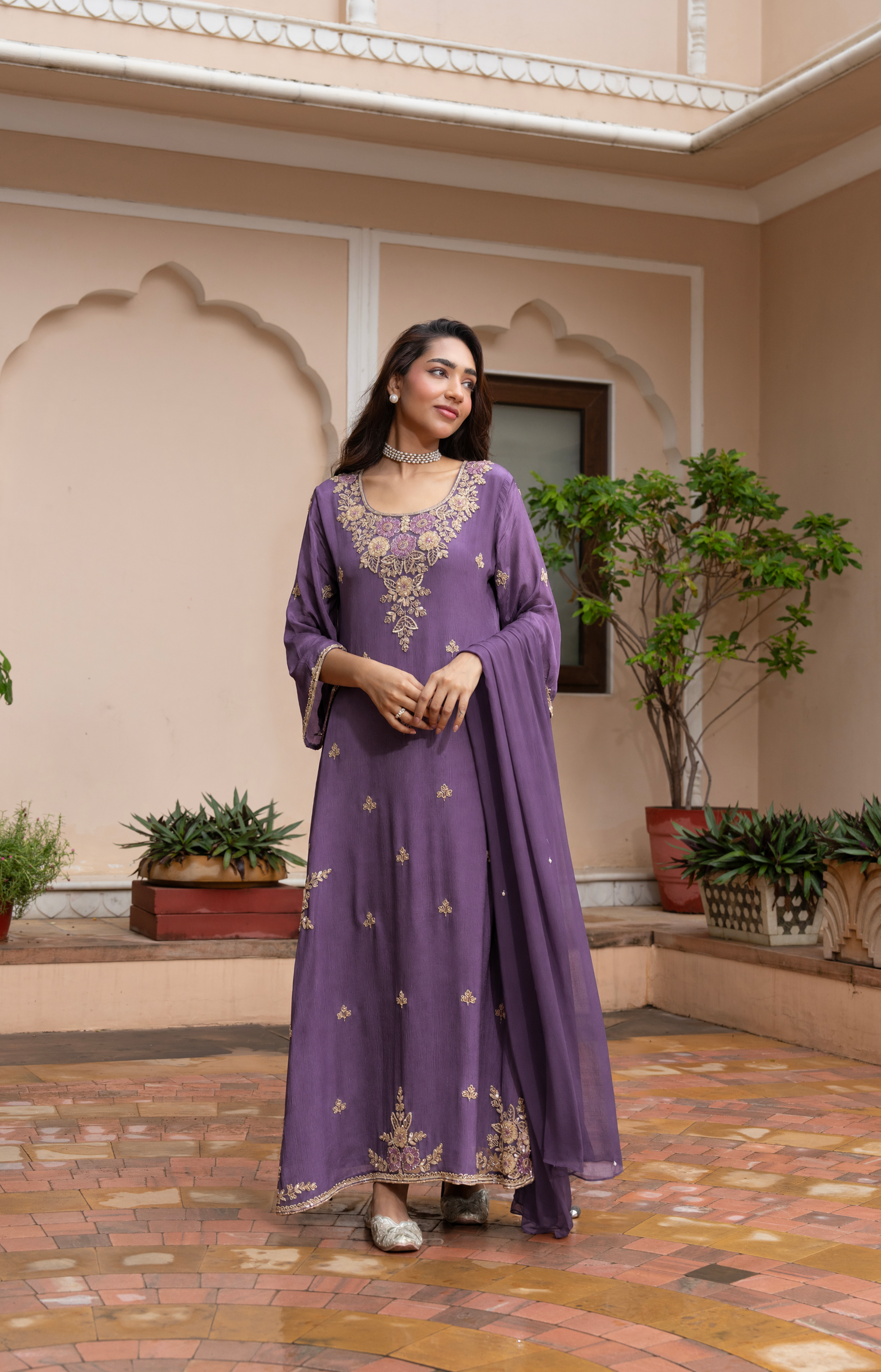 Purple Muse Embellished Chinon Silk Kurta Set