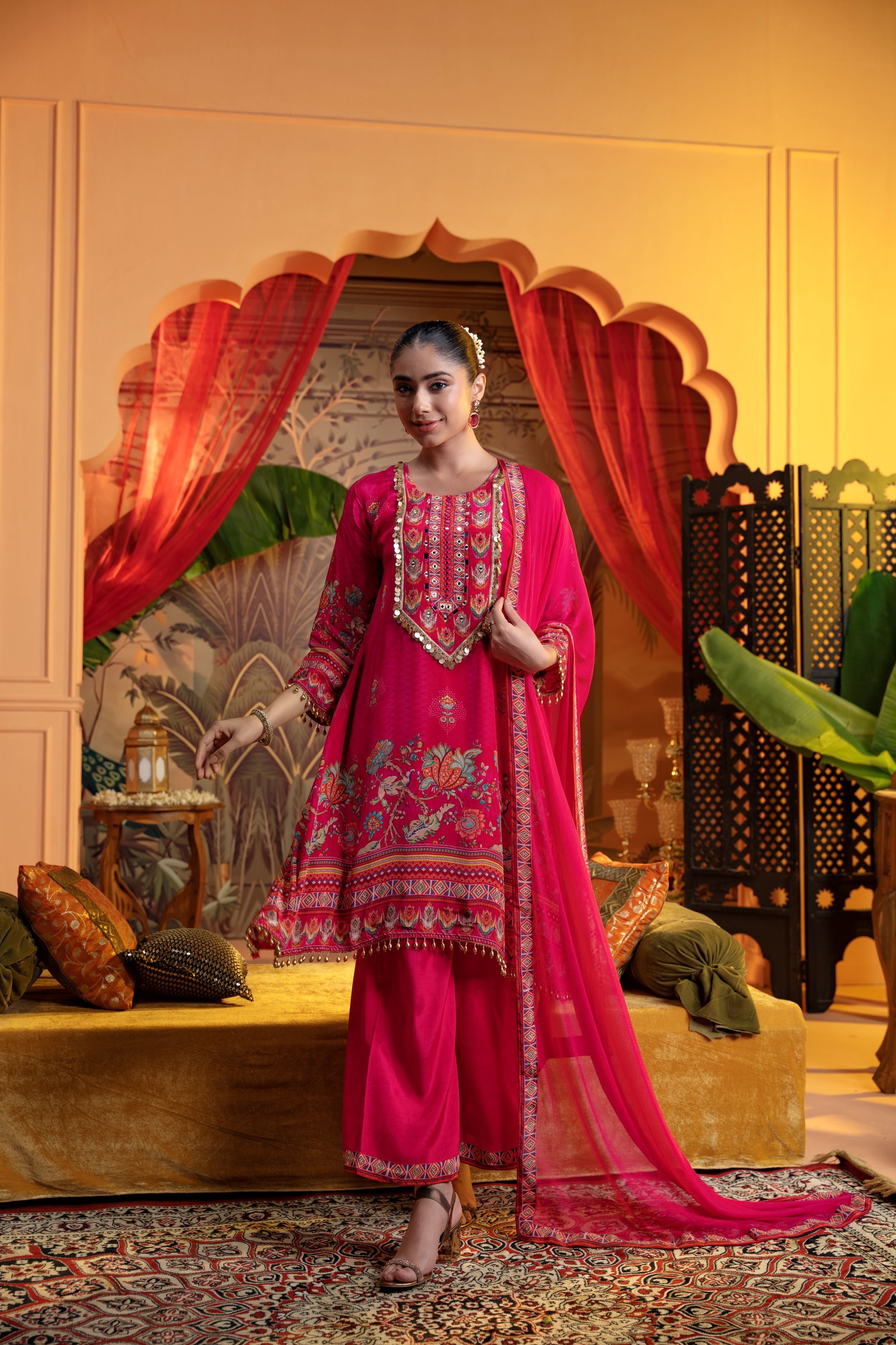 Dark Pink Embellished Satin Silk Pant Set