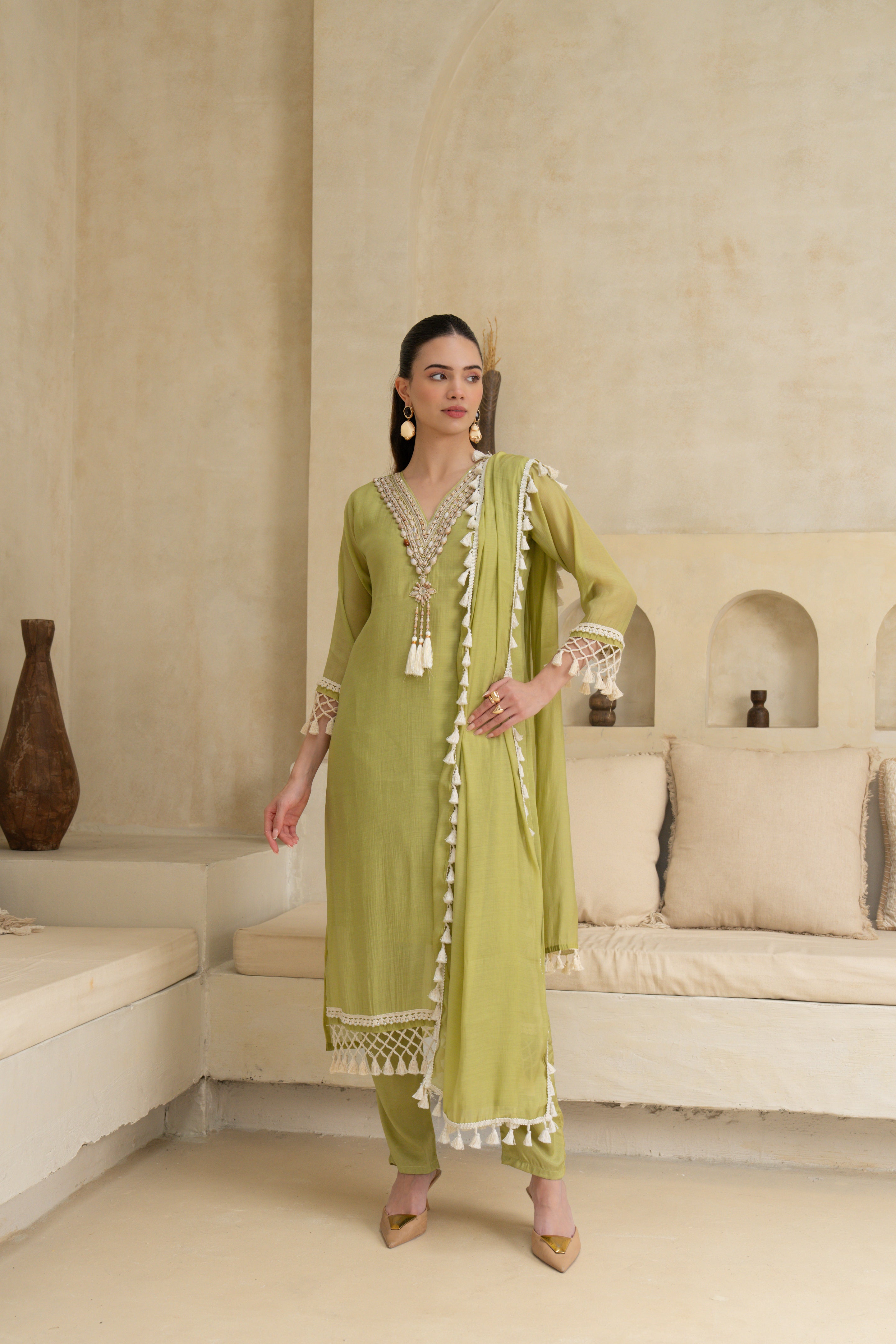 Enchanted Olive Embellished Crepe Silk Pant Set