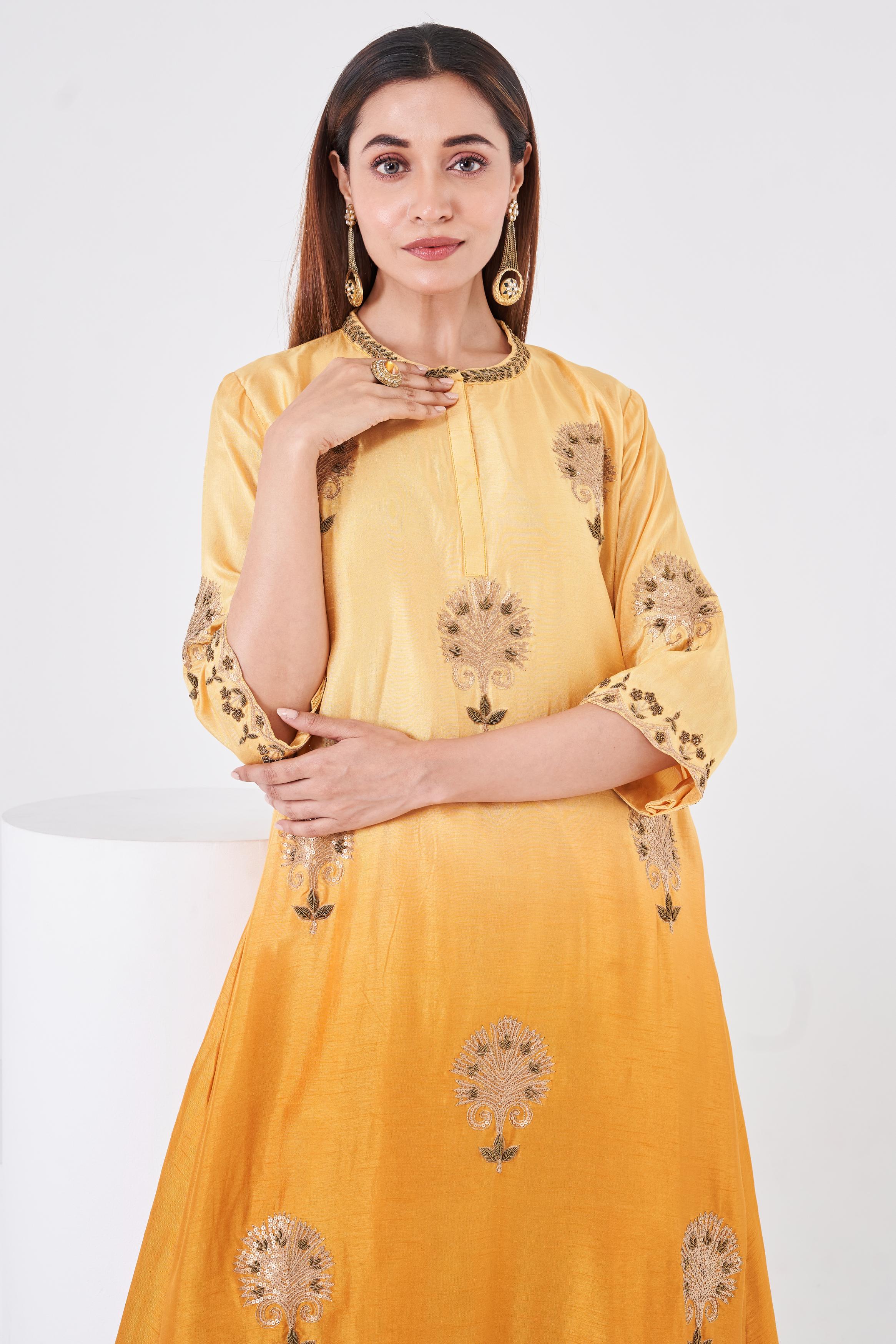 Carrot Orange Embellished Italian Silk Palazzo Set
