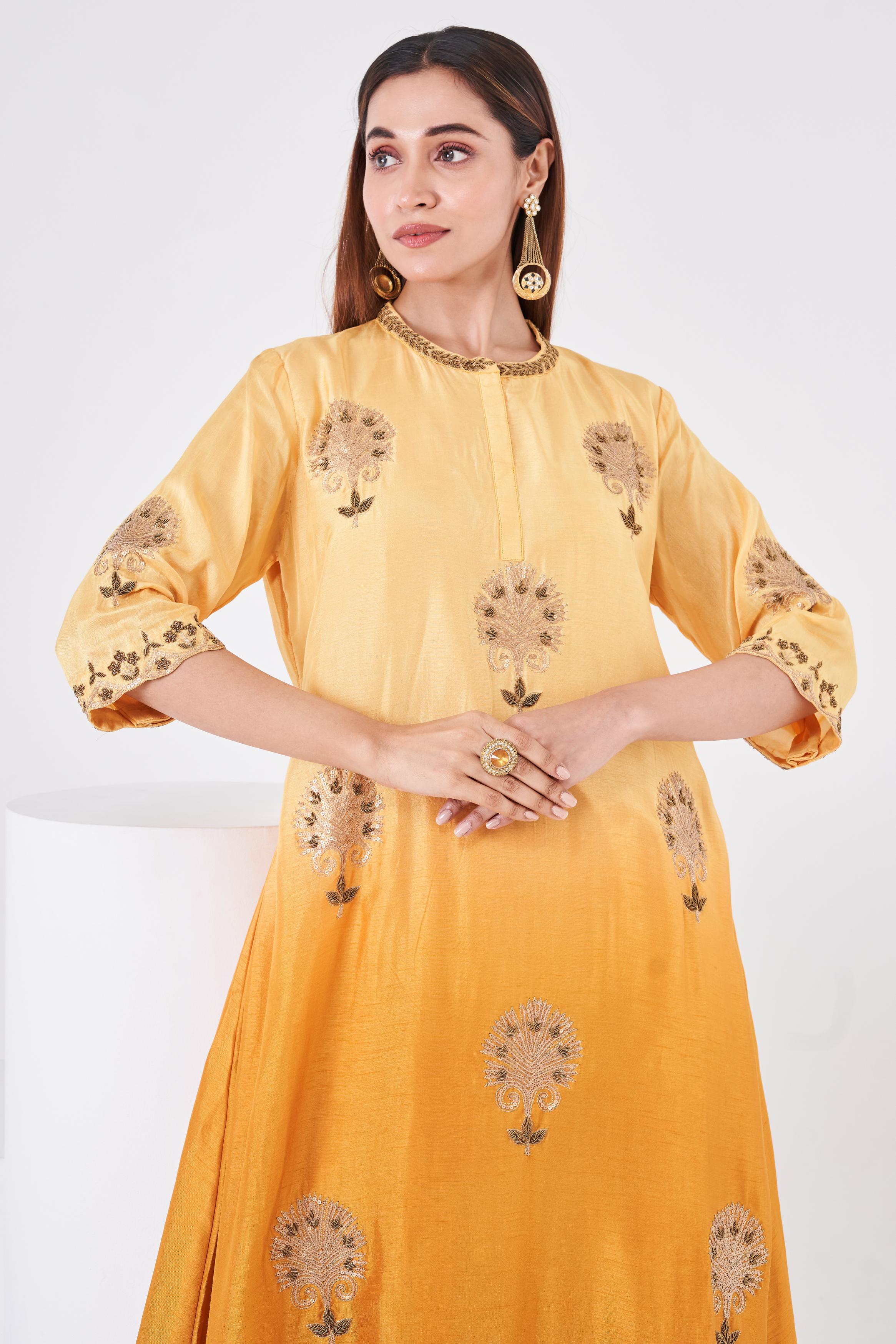 Carrot Orange Embellished Italian Silk Palazzo Set