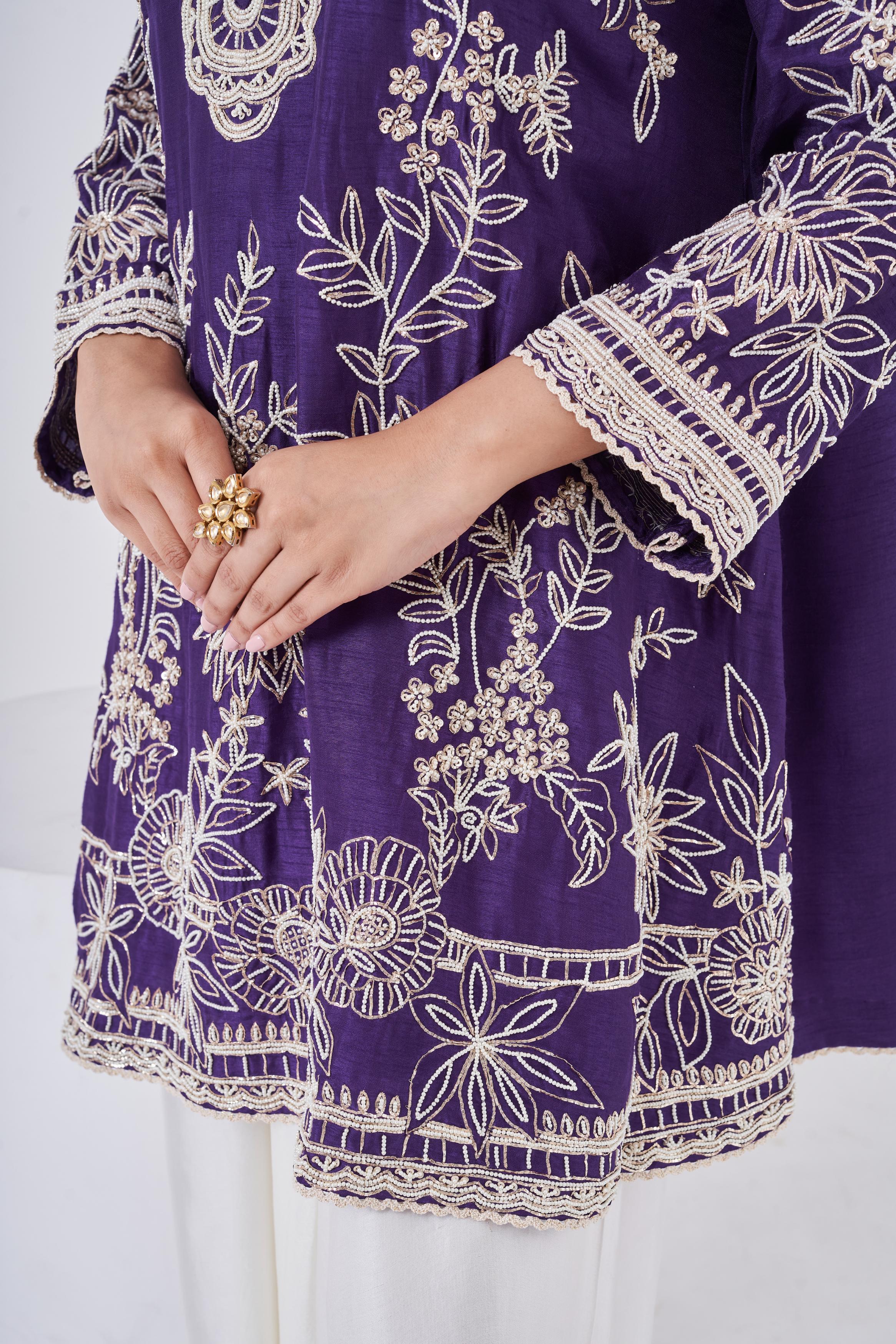 Dark Purple Embellished Raw Silk Co-Ord Set