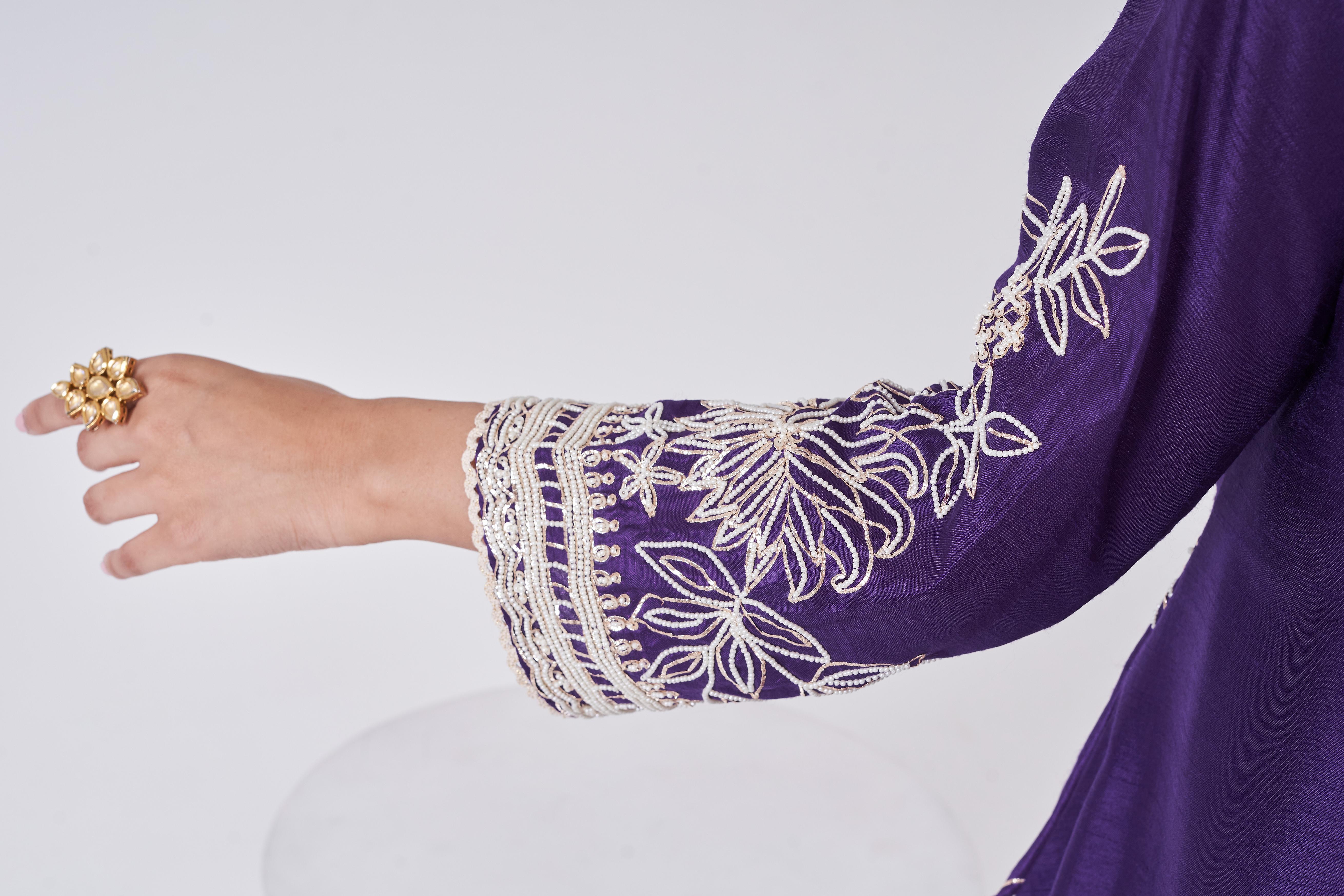 Dark Purple Embellished Raw Silk Co-Ord Set
