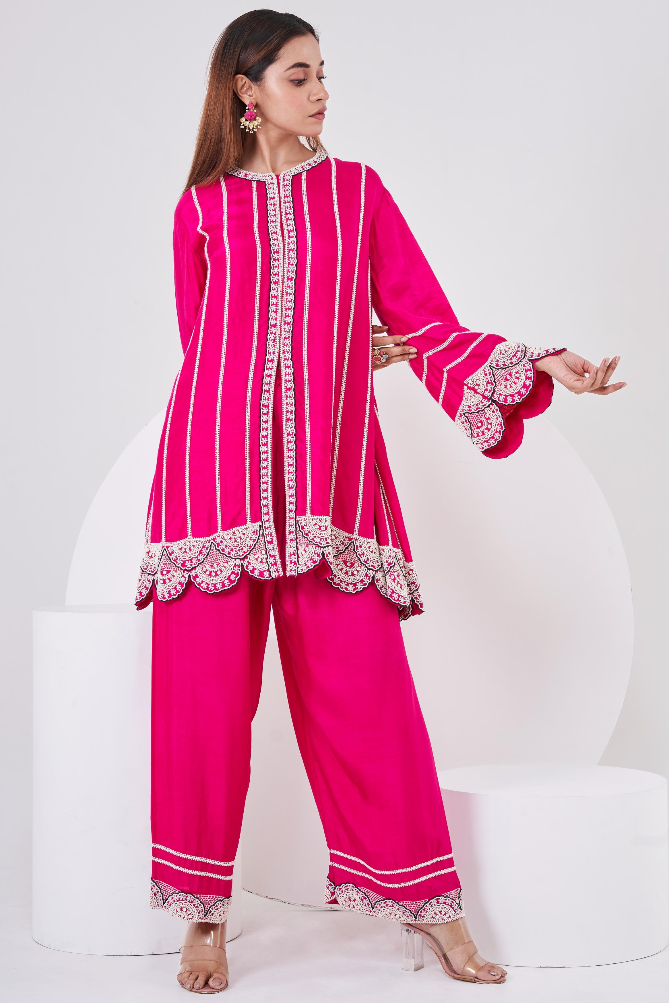 Cerise Pink Embellished Italian Silk Palazzo Set