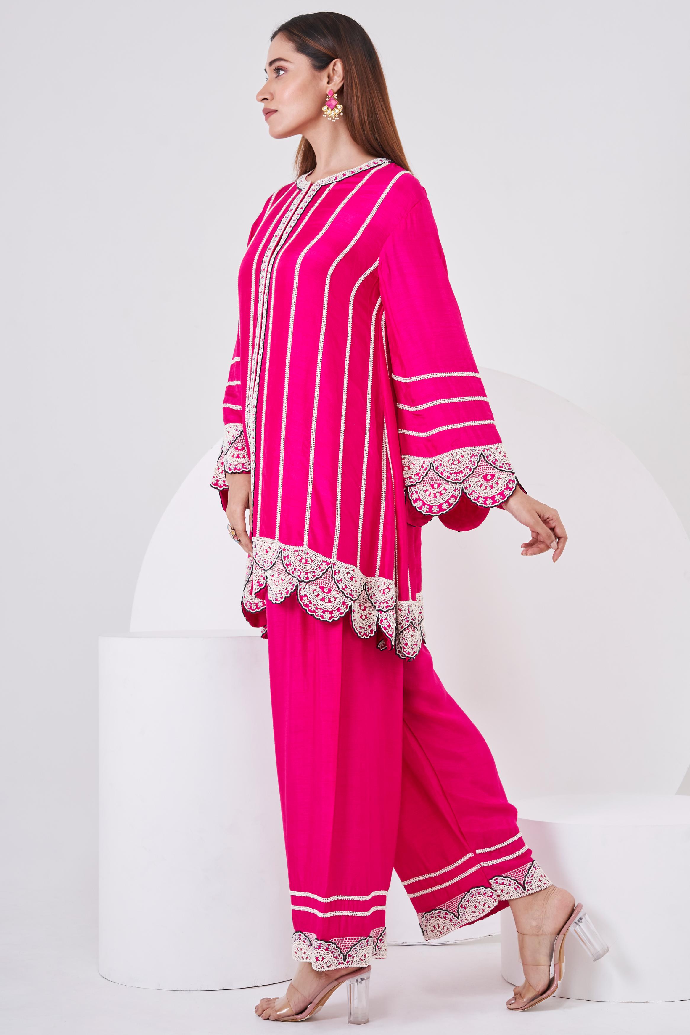 Cerise Pink Embellished Italian Silk Palazzo Set