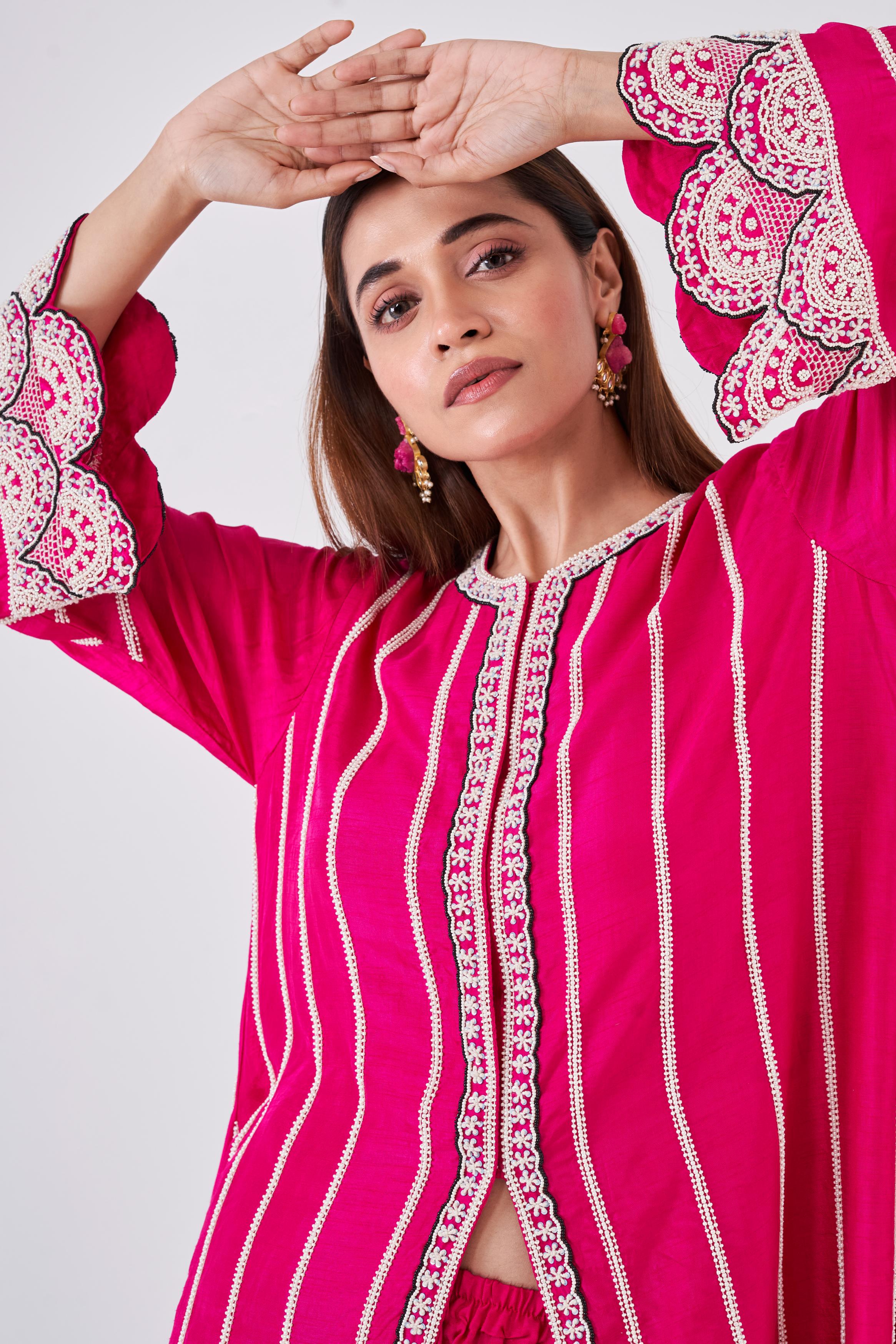 Cerise Pink Embellished Italian Silk Palazzo Set