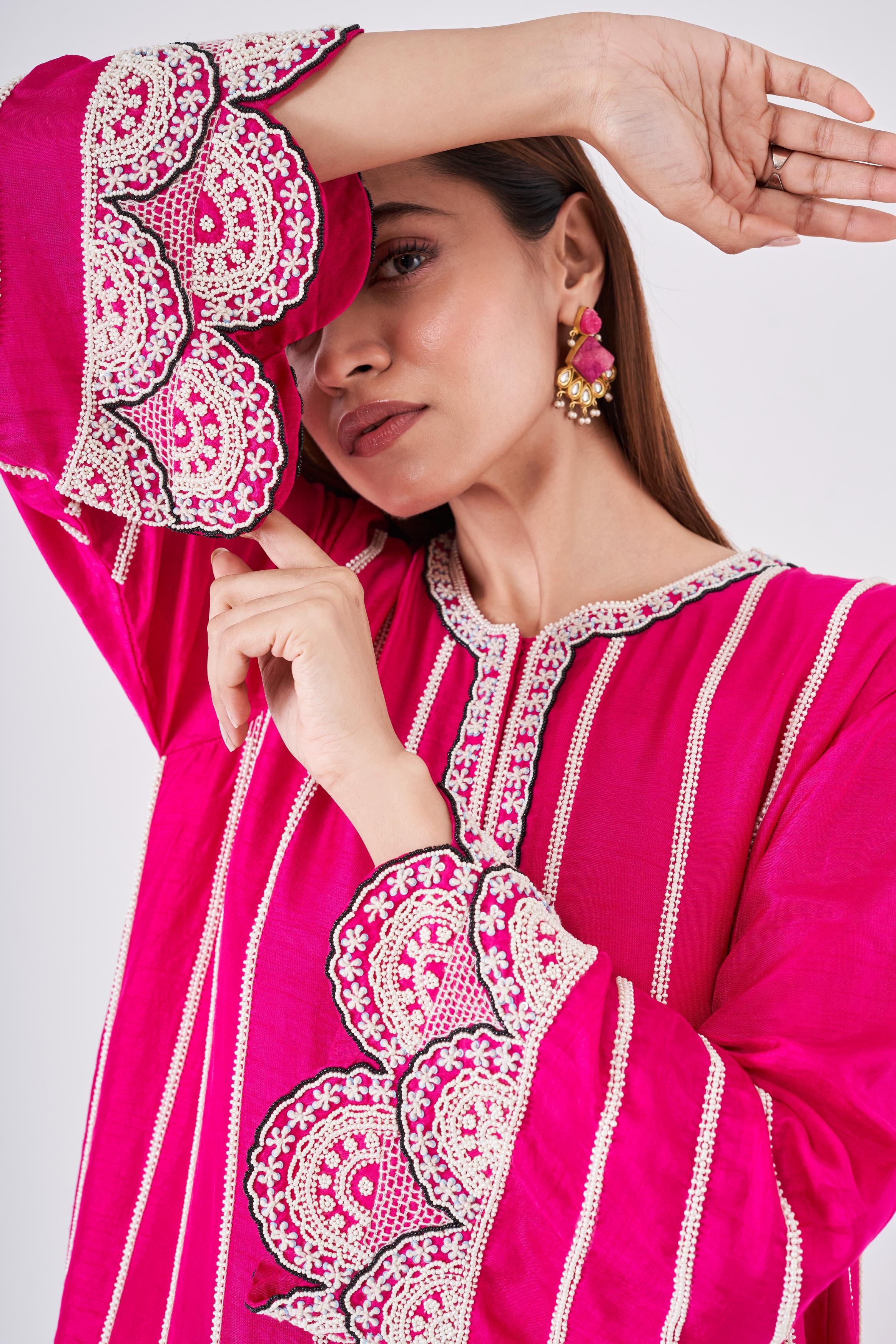 Cerise Pink Embellished Italian Silk Palazzo Set