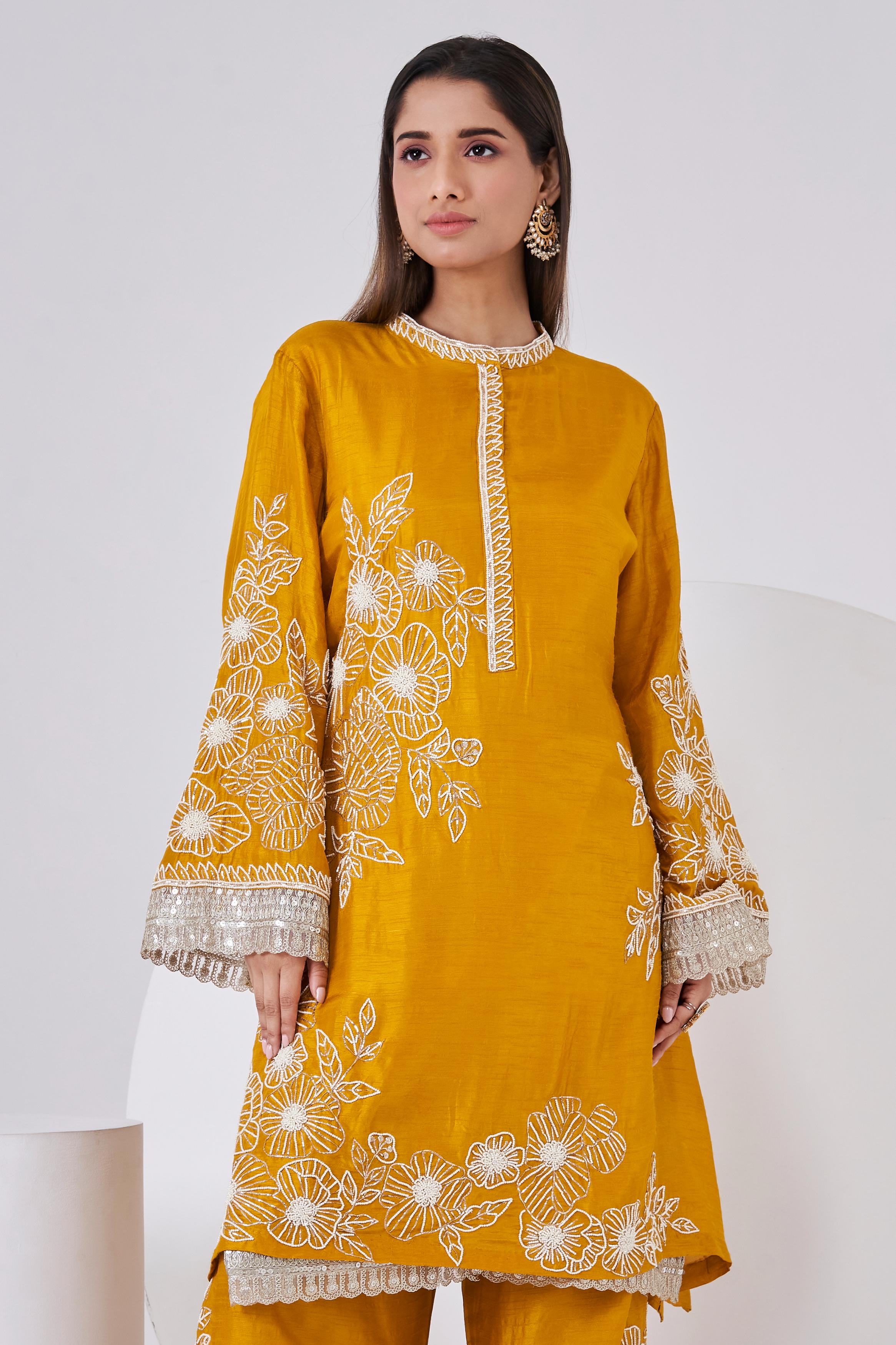 Deep Yellow Embellished Chinon Silk Co-Ord Set
