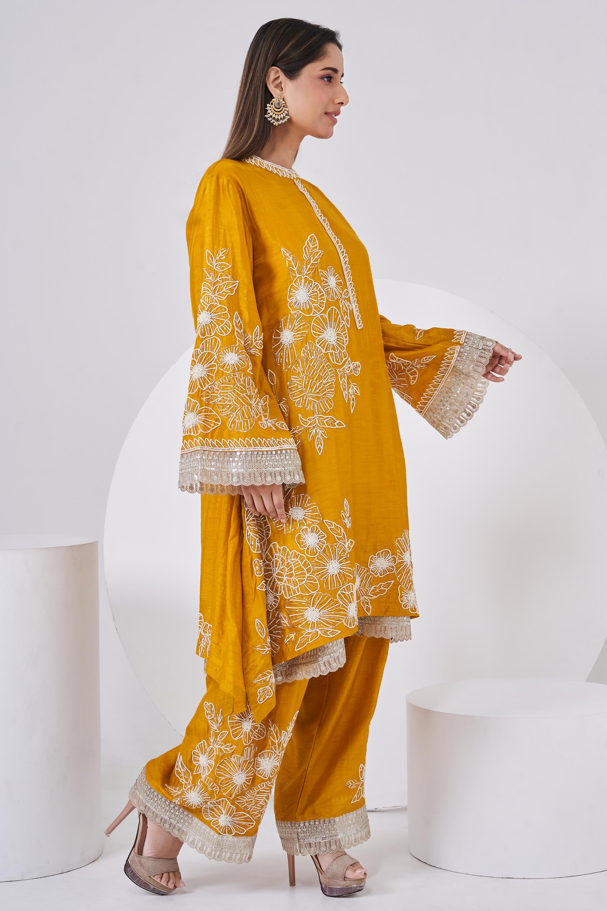 Deep Yellow Embellished Chinon Silk Co-Ord Set