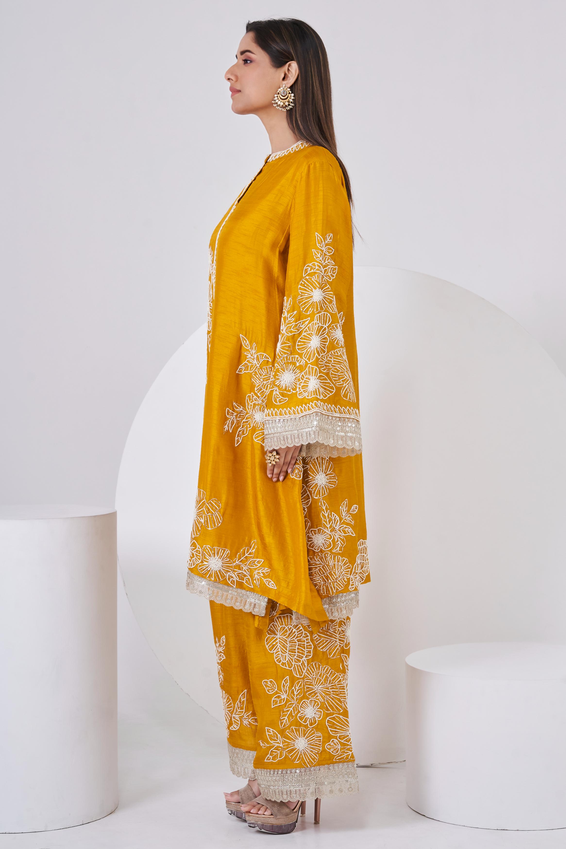 Deep Yellow Embellished Chinon Silk Co-Ord Set