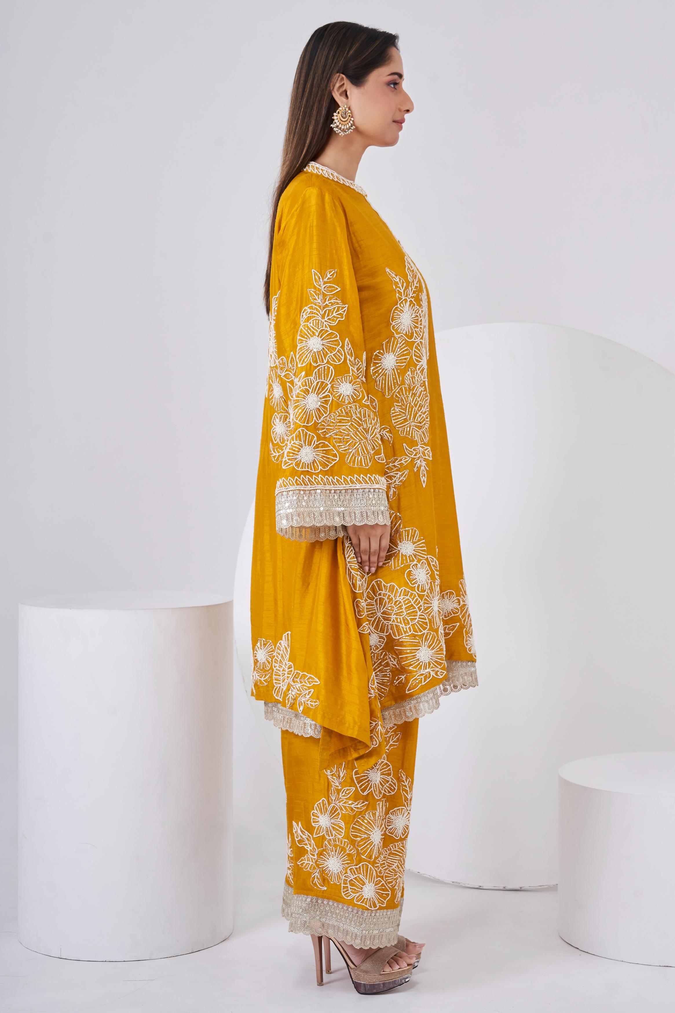 Deep Yellow Embellished Chinon Silk Co-Ord Set