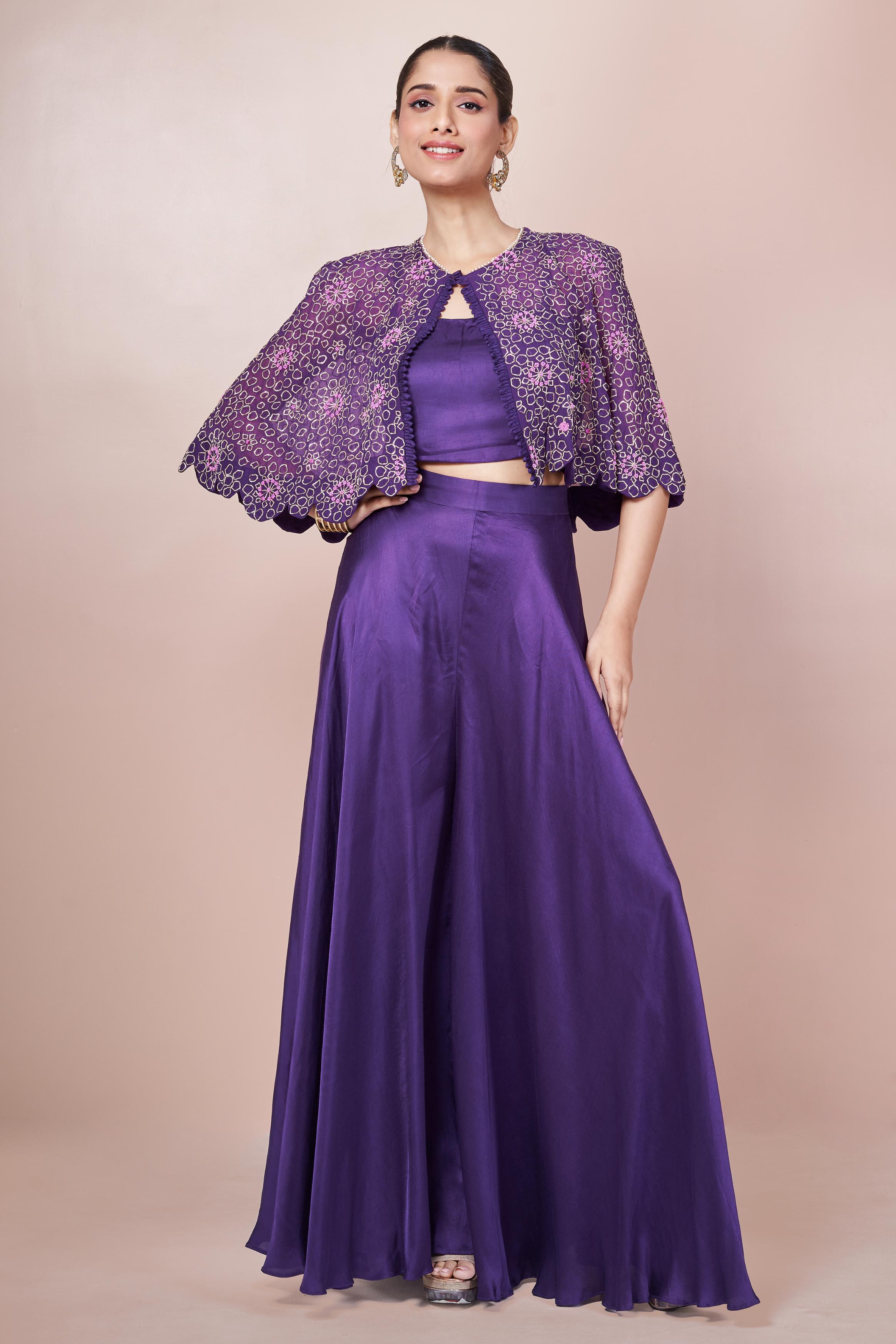 Party Purple Embellished Italian Silk Palazzo Set