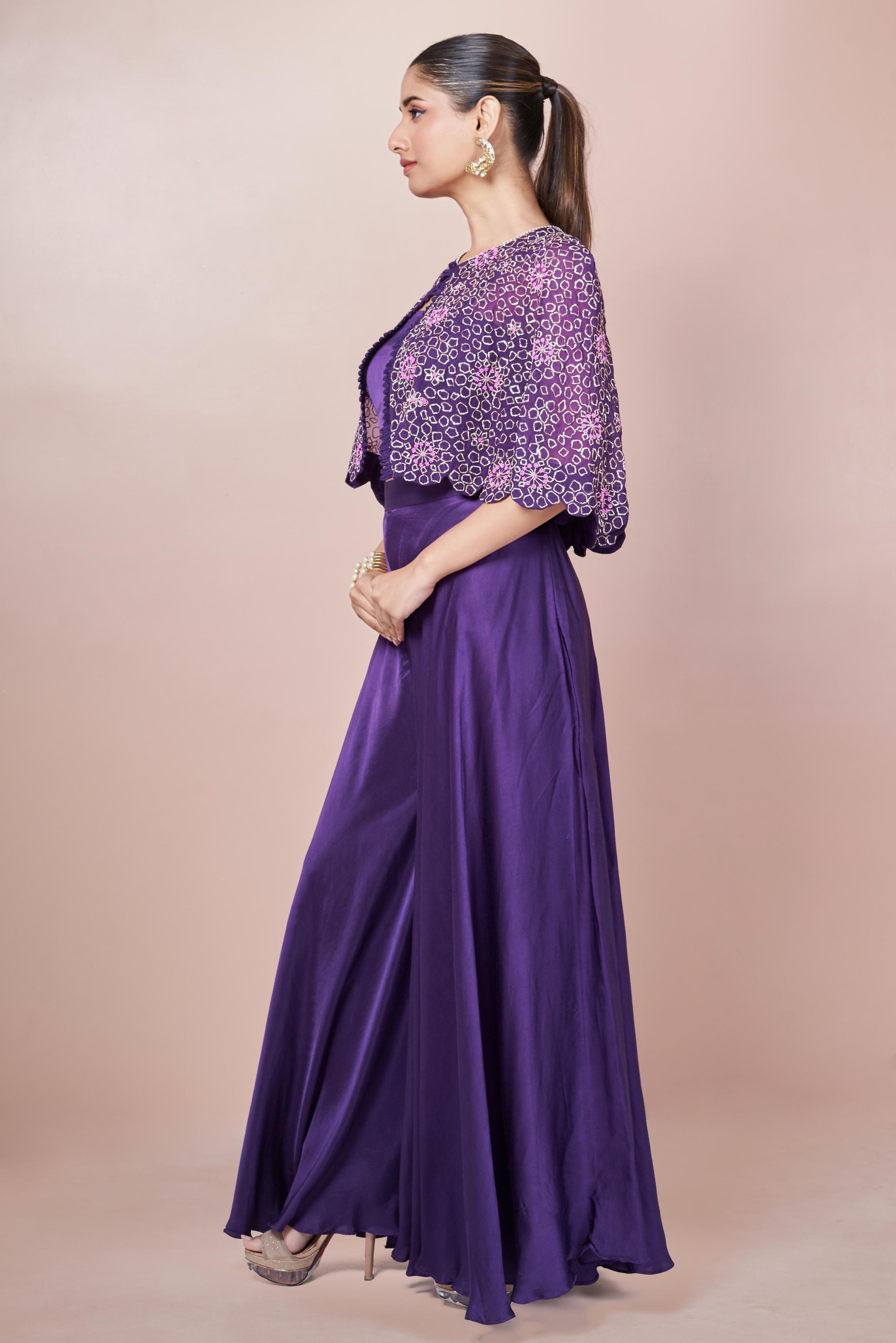 Party Purple Embellished Italian Silk Palazzo Set