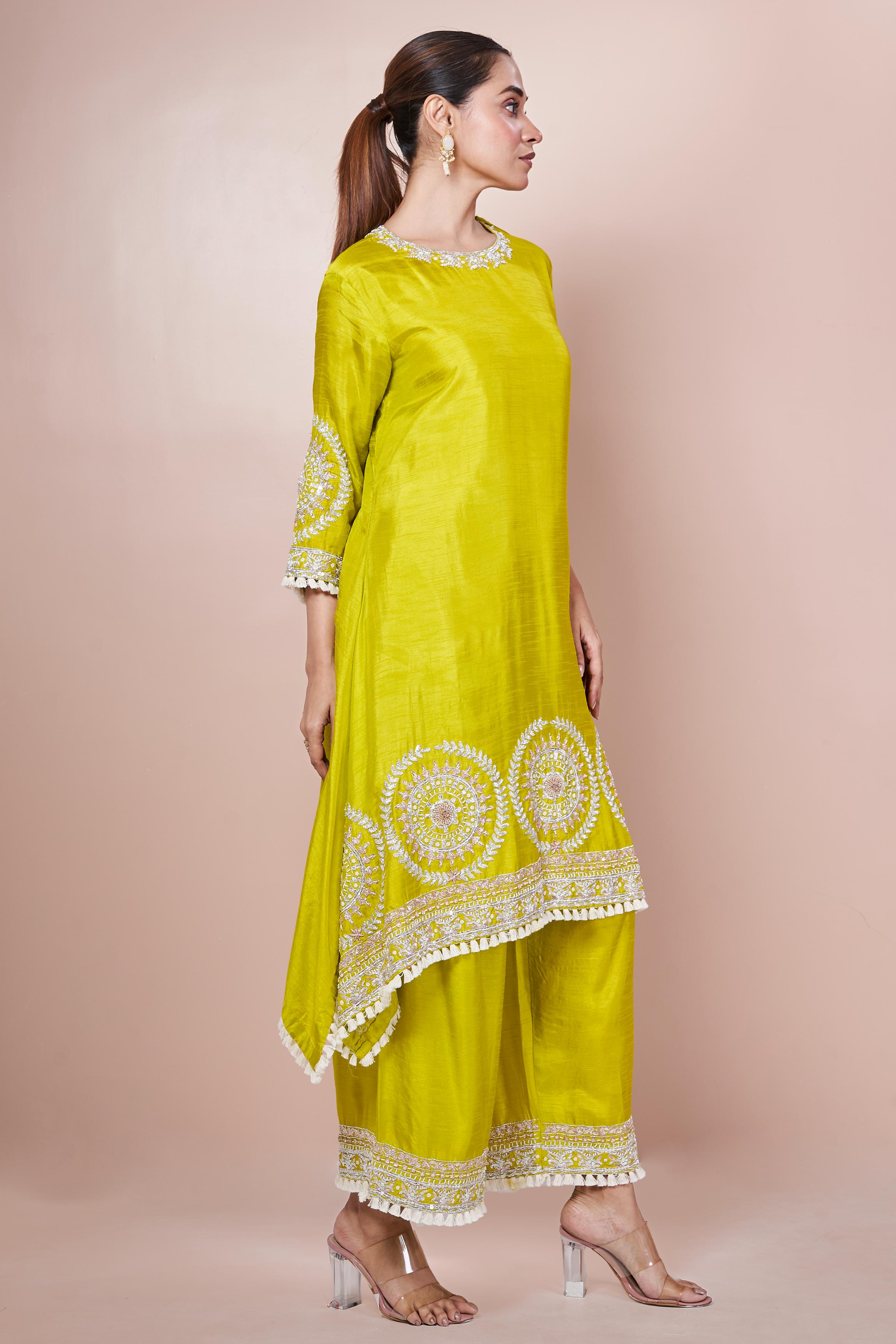 Pear Green Embellished Chinon Silk Palazzo Set