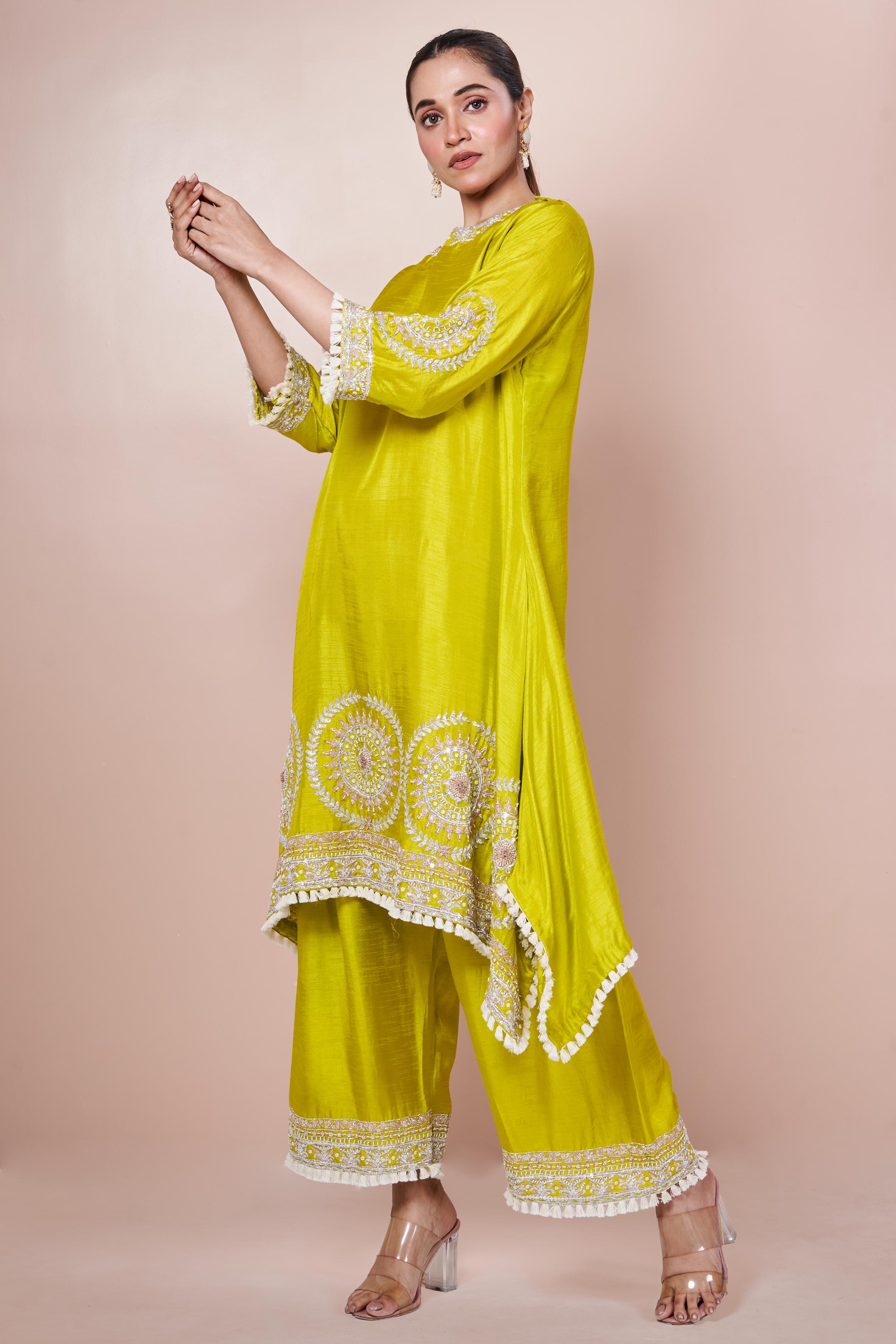 Pear Green Embellished Chinon Silk Palazzo Set