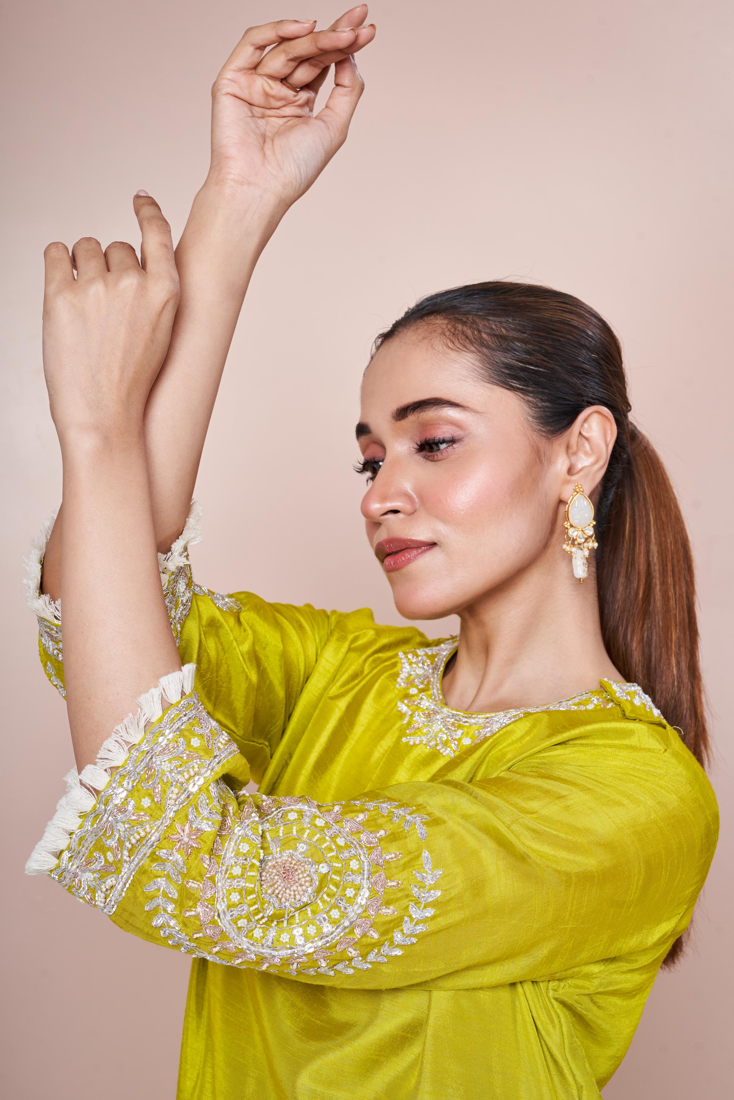 Pear Green Embellished Chinon Silk Palazzo Set