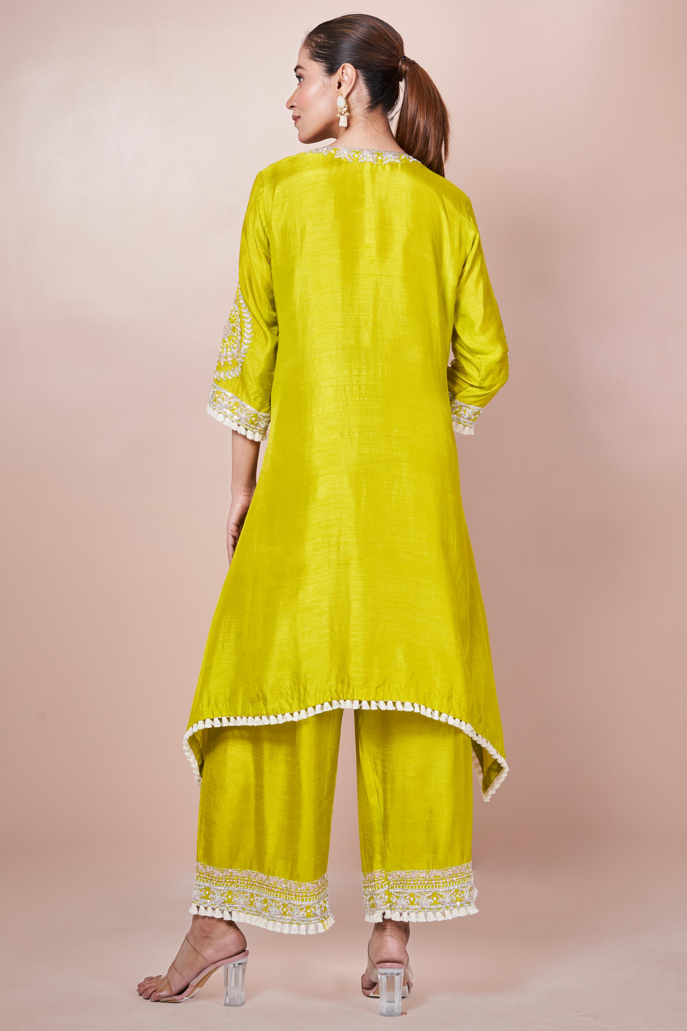 Pear Green Embellished Chinon Silk Palazzo Set