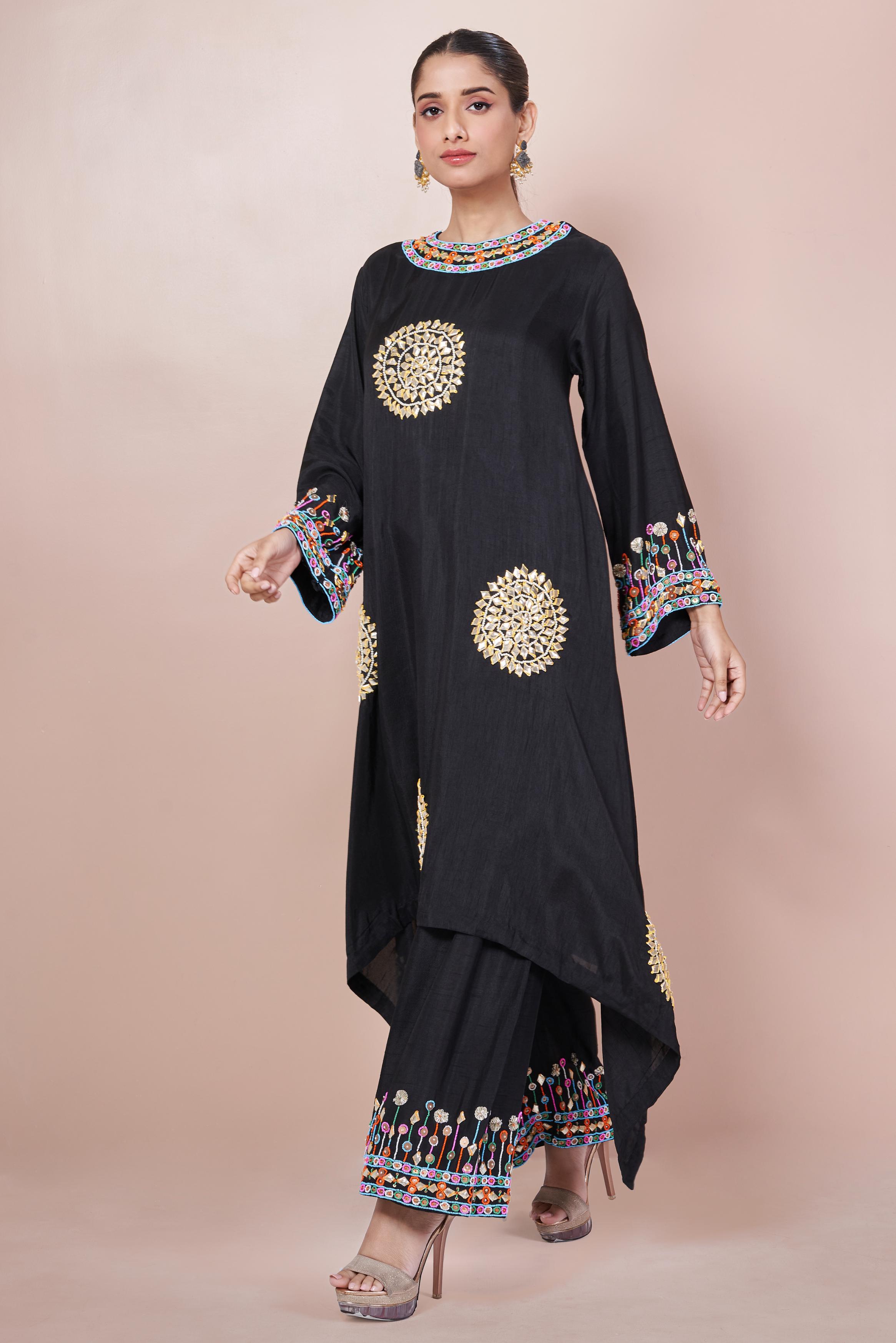 Classic Black Embellished Italian Silk Palazzo Set