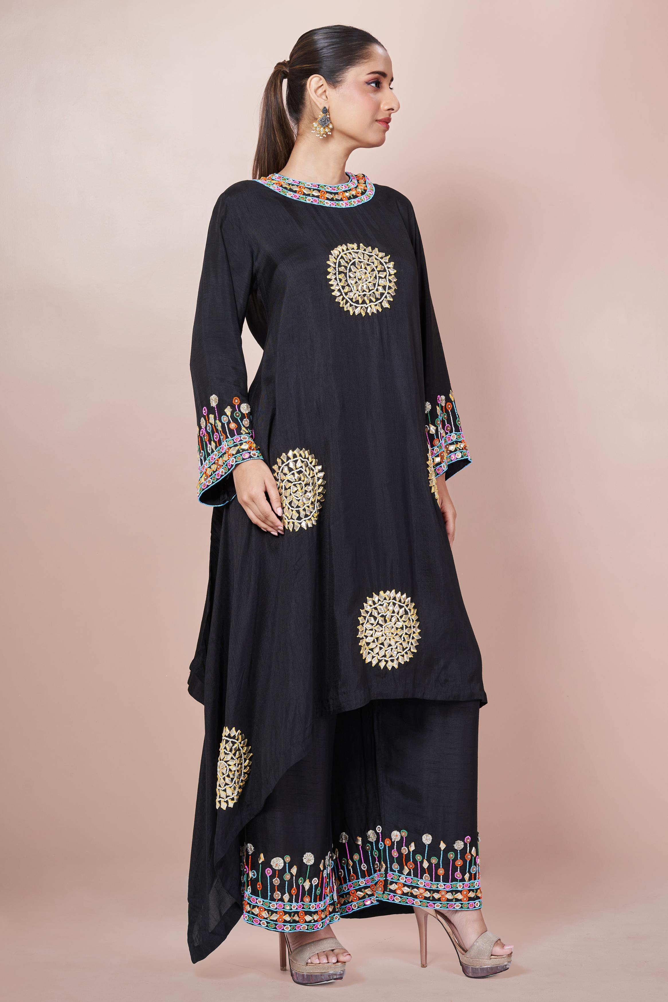 Classic Black Embellished Italian Silk Palazzo Set