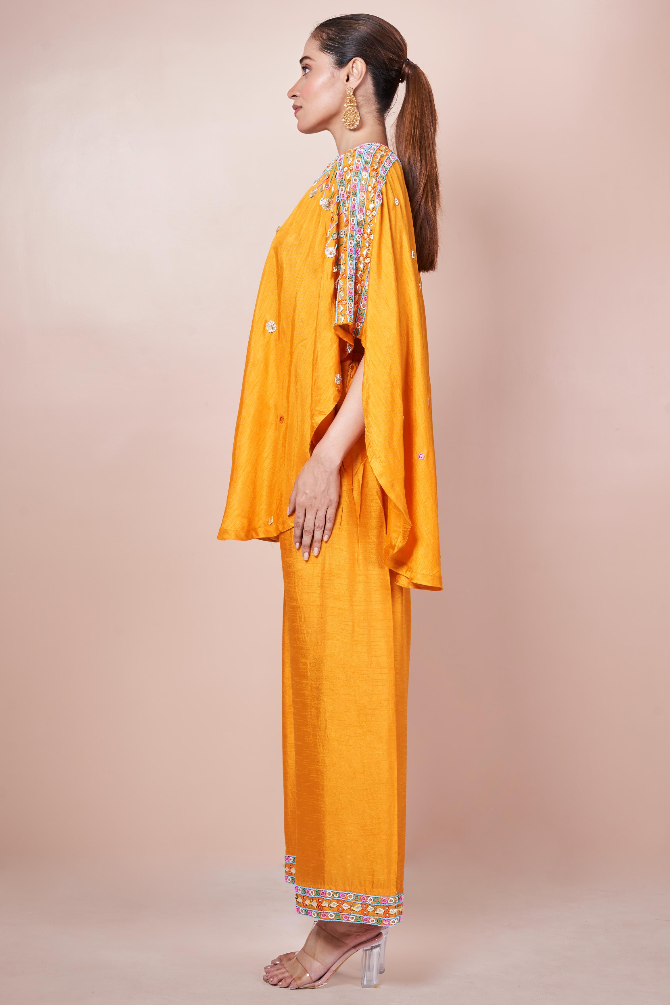 Glossy Orange Embellished Pure Chinon Silk Co-Ord Set