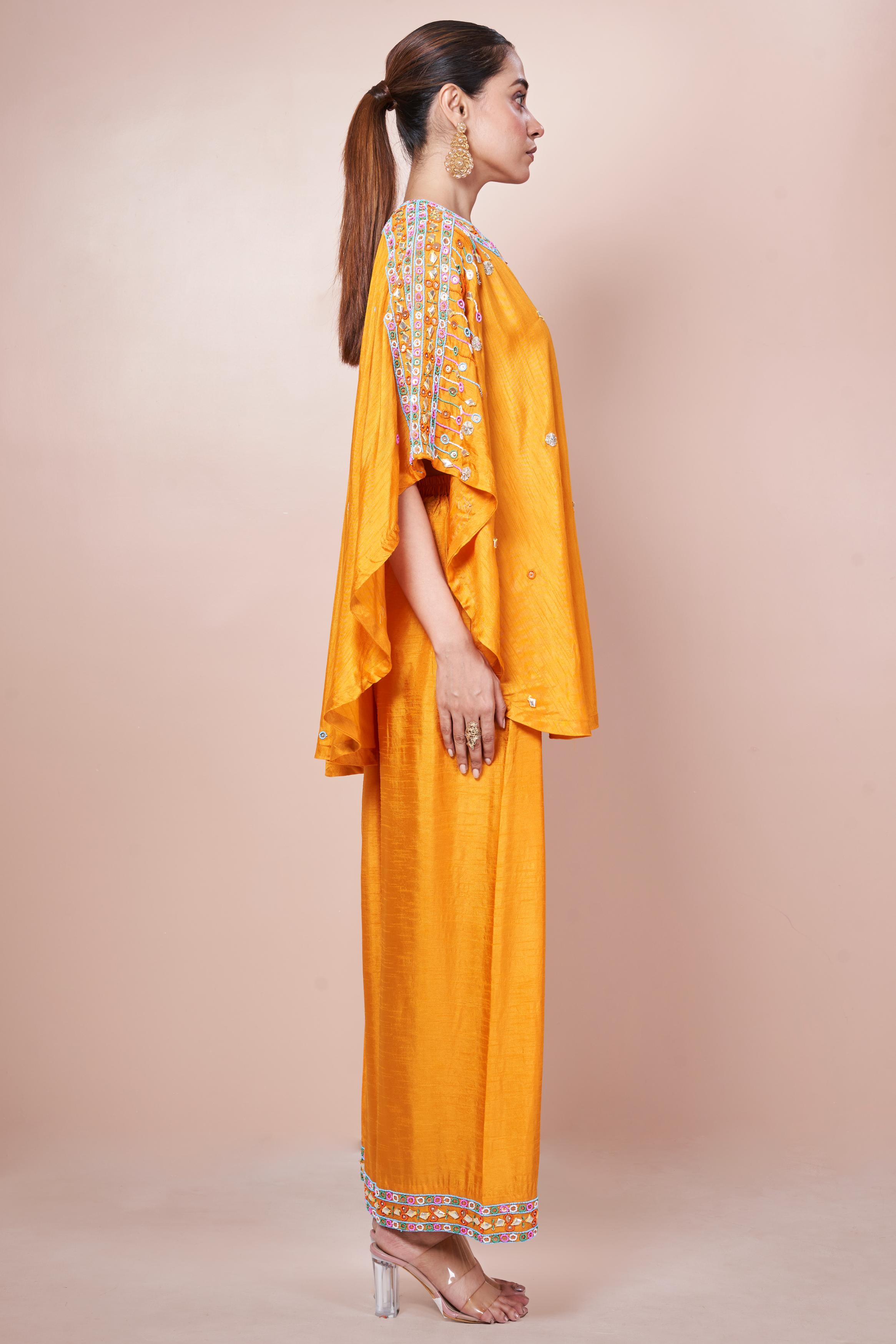 Glossy Orange Embellished Pure Chinon Silk Co-Ord Set