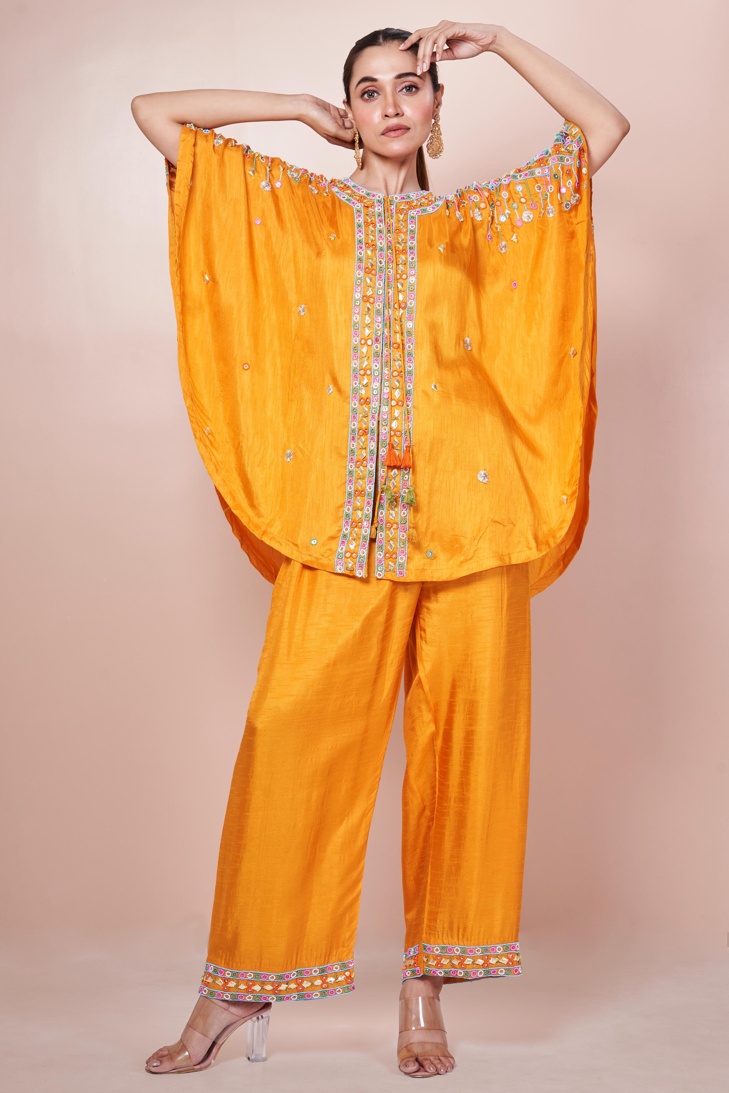 Glossy Orange Embellished Pure Chinon Silk Co-Ord Set