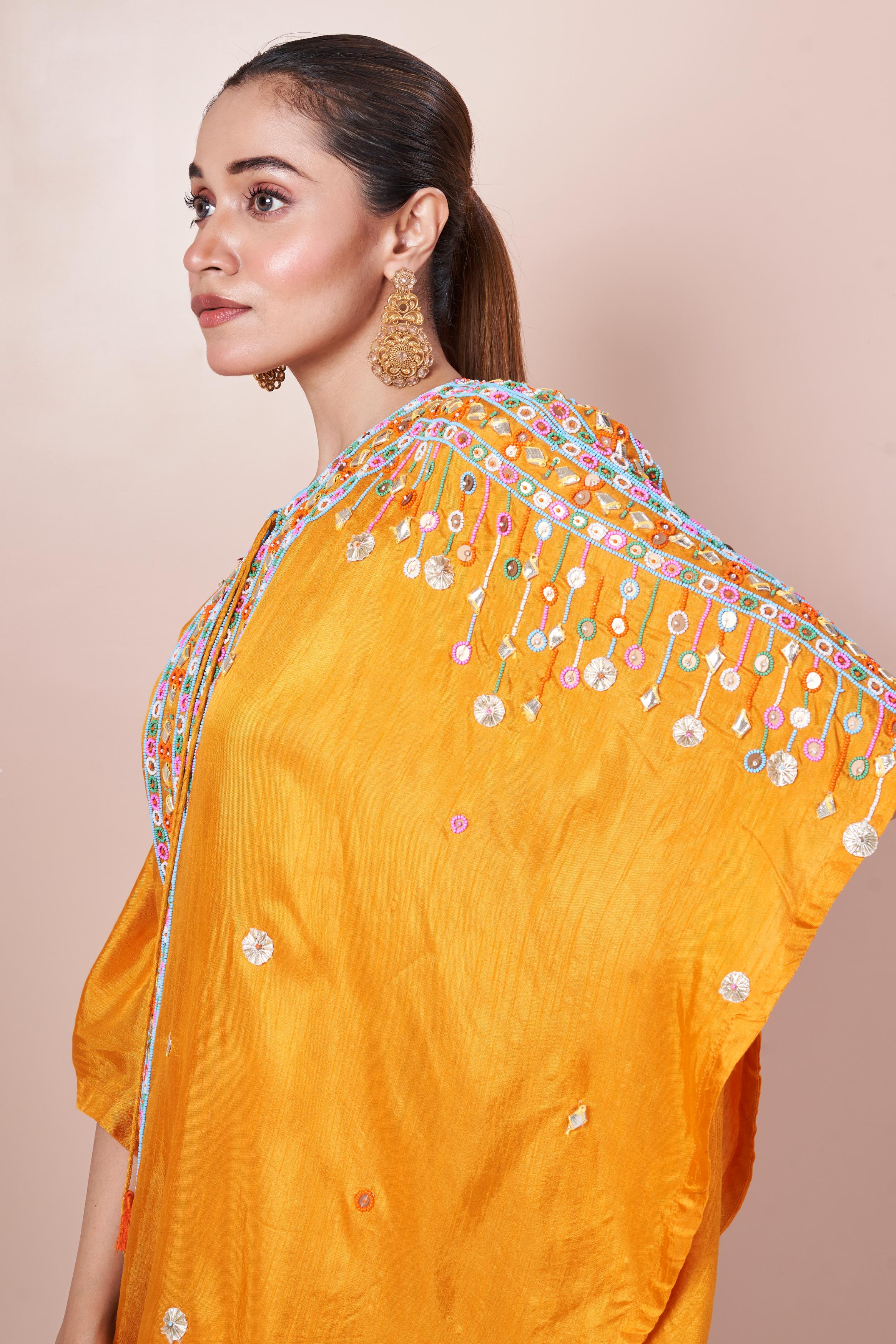 Glossy Orange Embellished Pure Chinon Silk Co-Ord Set