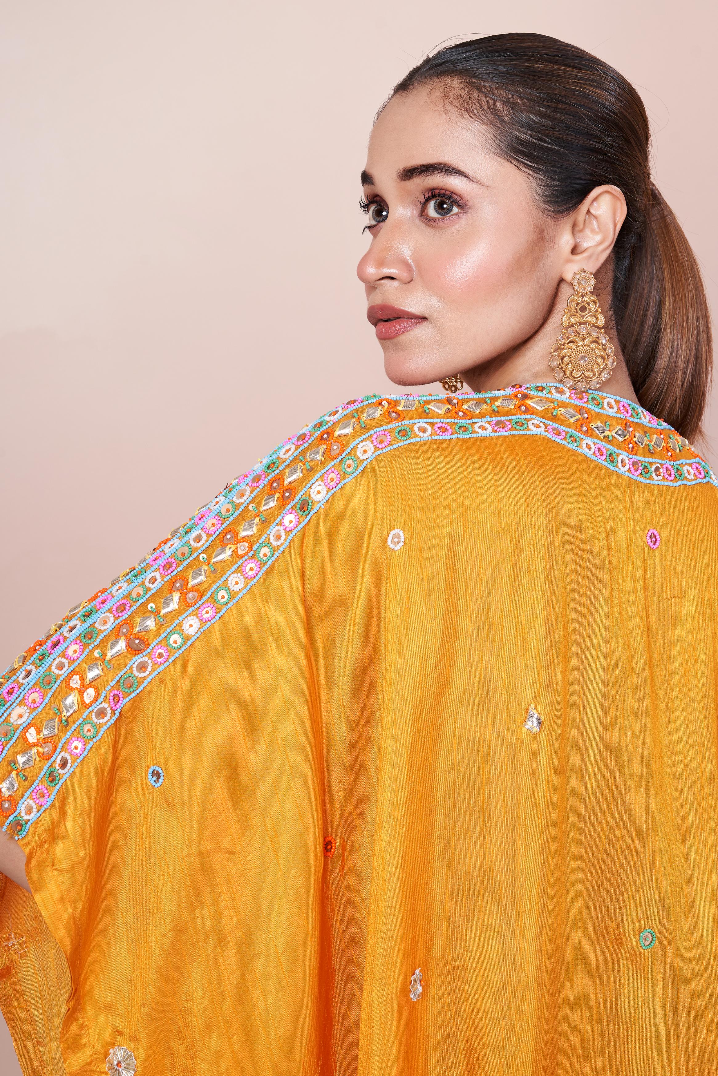 Glossy Orange Embellished Pure Chinon Silk Co-Ord Set