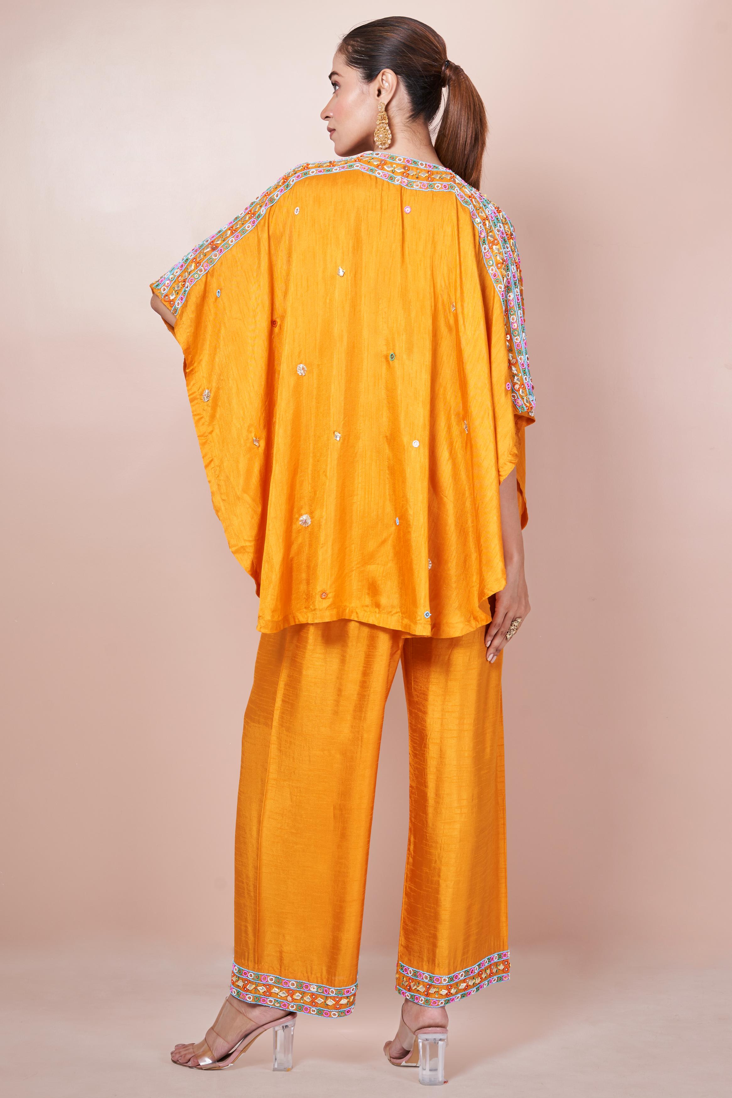 Glossy Orange Embellished Pure Chinon Silk Co-Ord Set