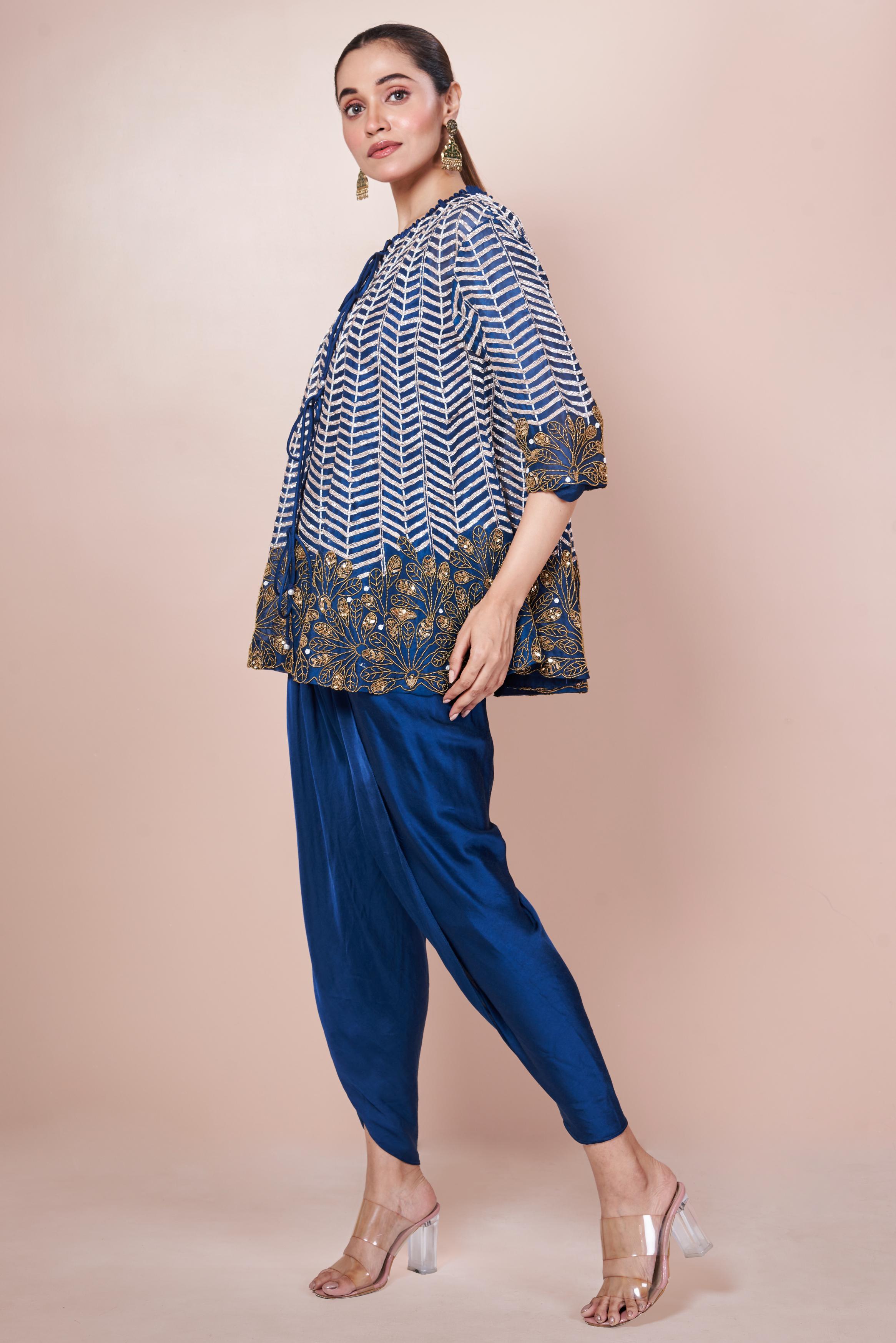 Teal Blue Embellished Chinon Silk Co-Ord Set