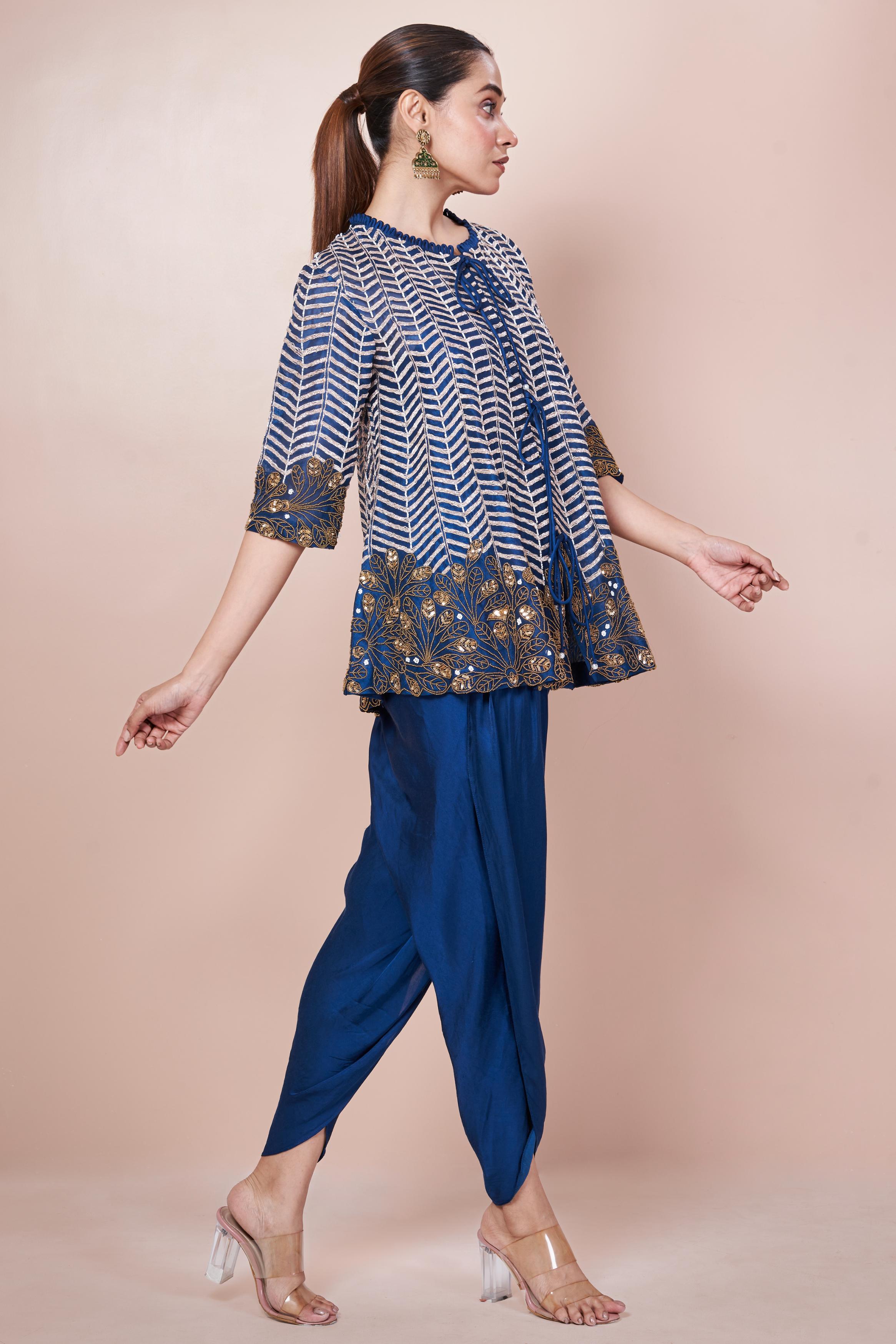 Teal Blue Embellished Chinon Silk Co-Ord Set