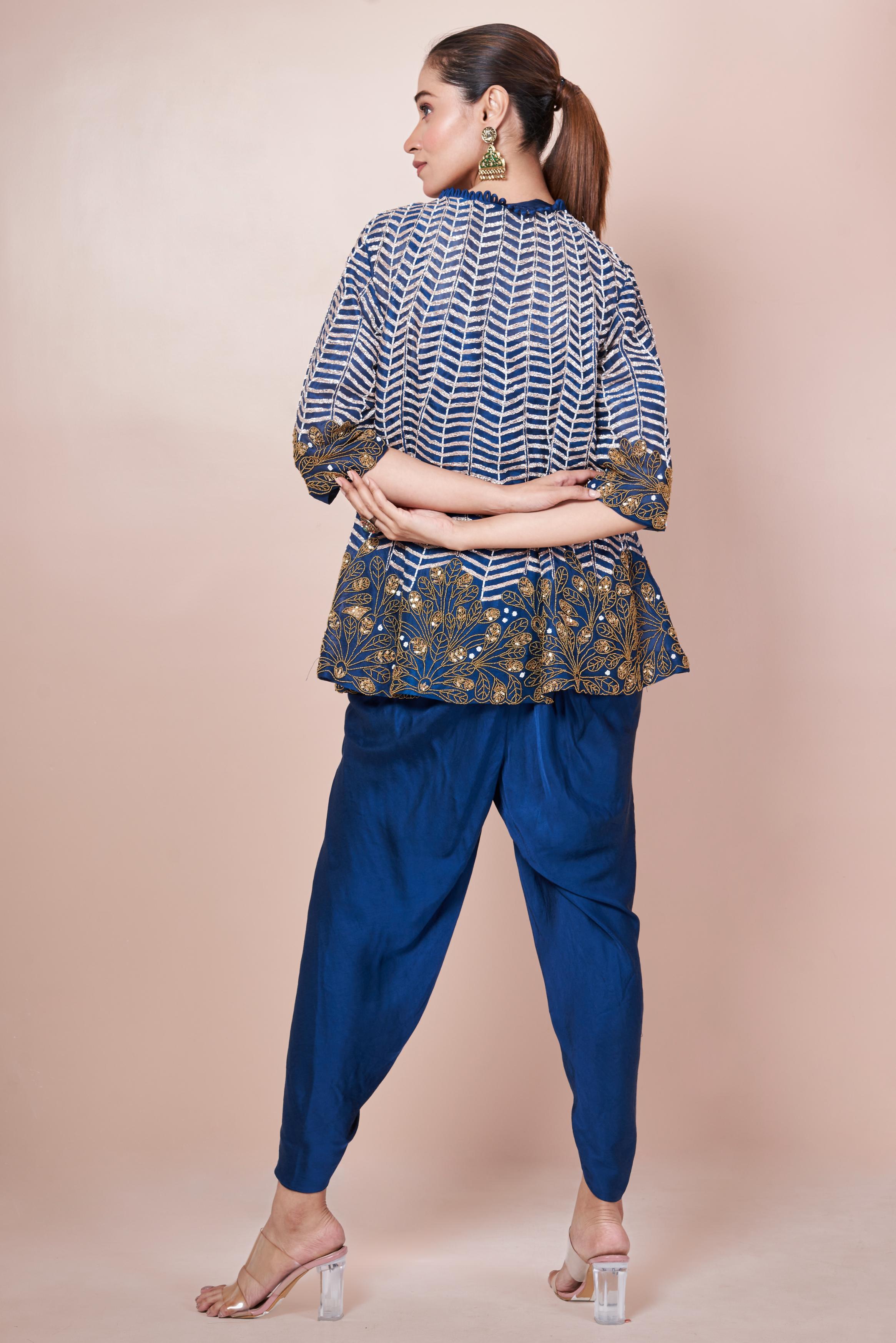 Teal Blue Embellished Chinon Silk Co-Ord Set