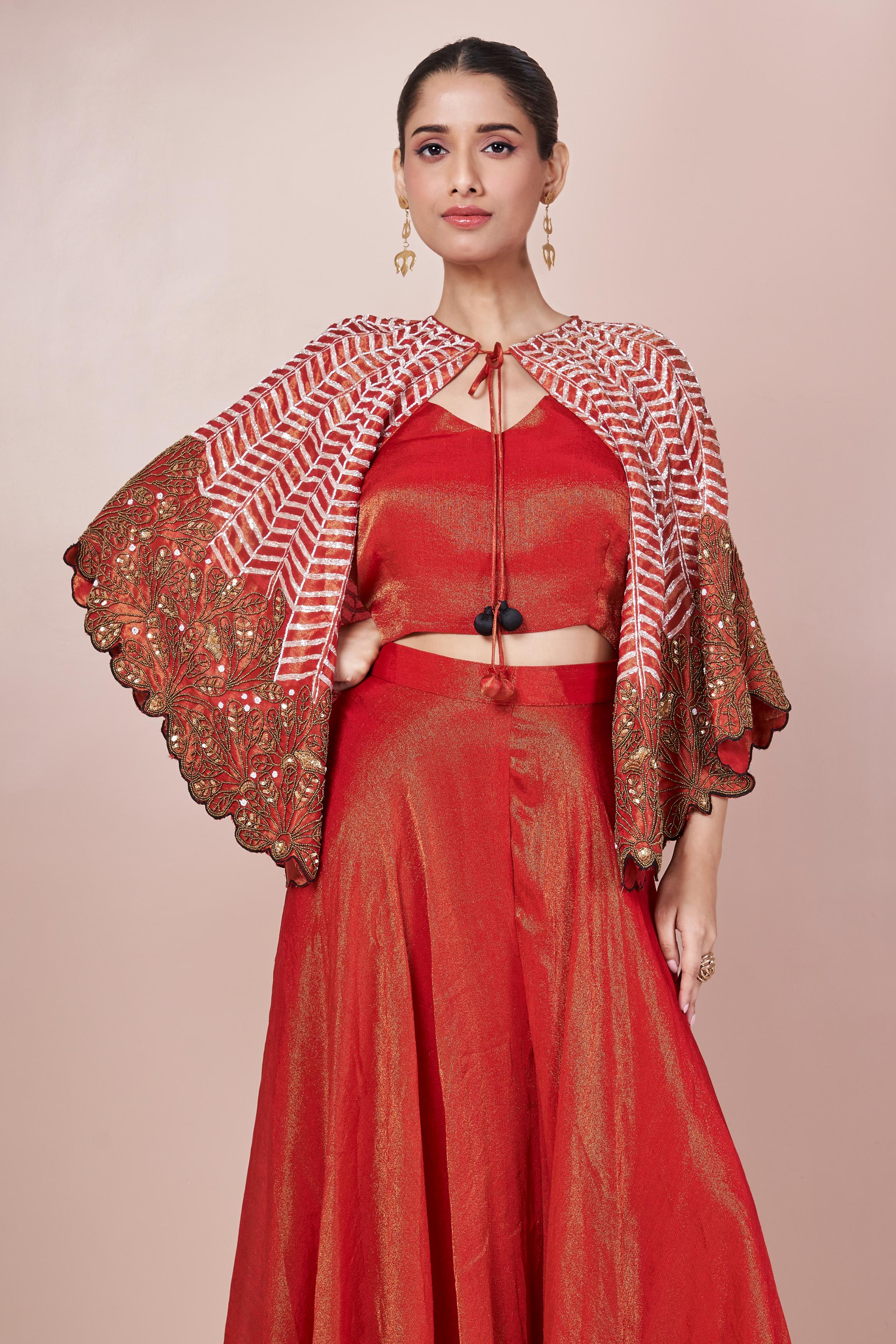 Rust Orange Embellished Chinon Silk Palazzo Set