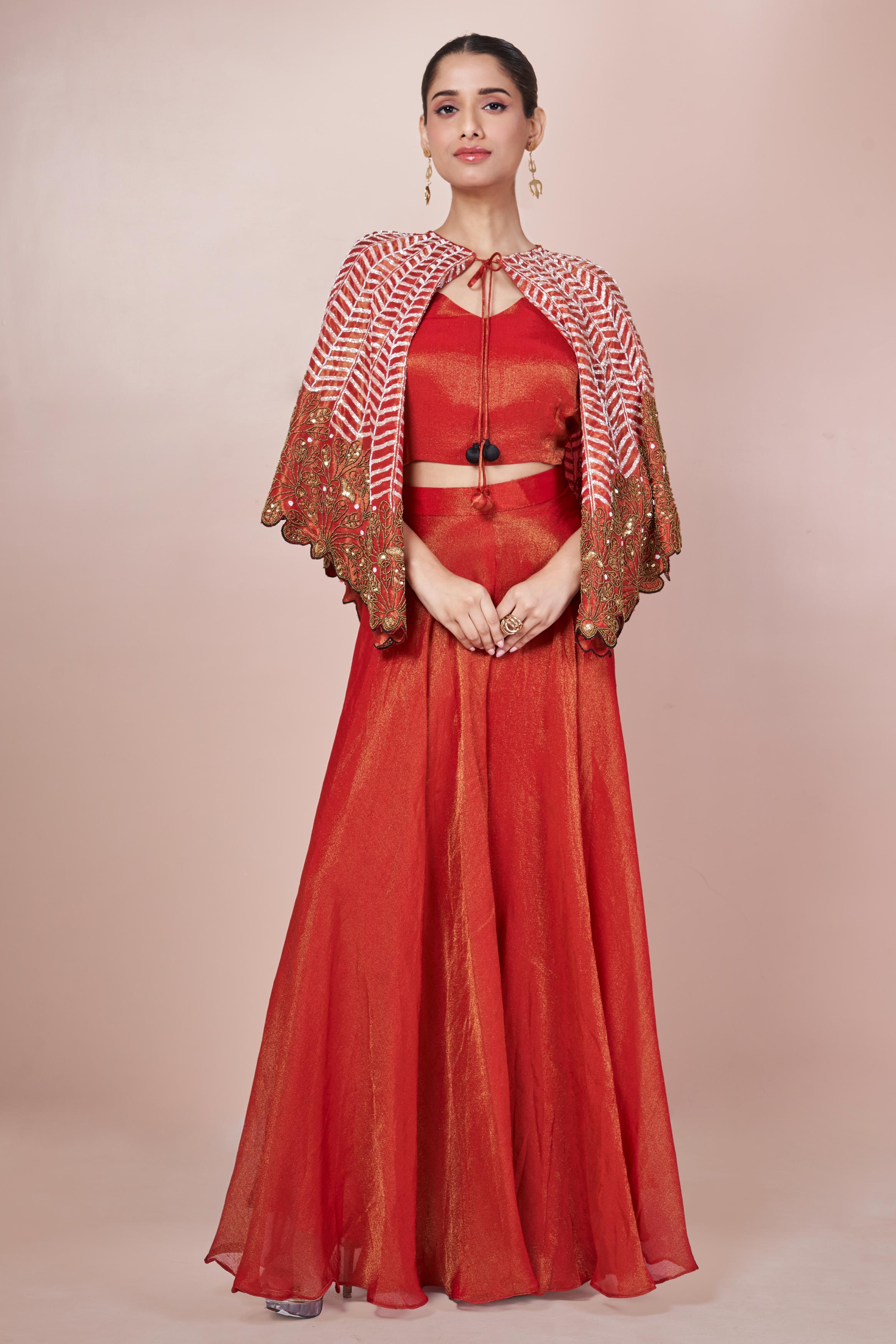 Rust Orange Embellished Chinon Silk Palazzo Set