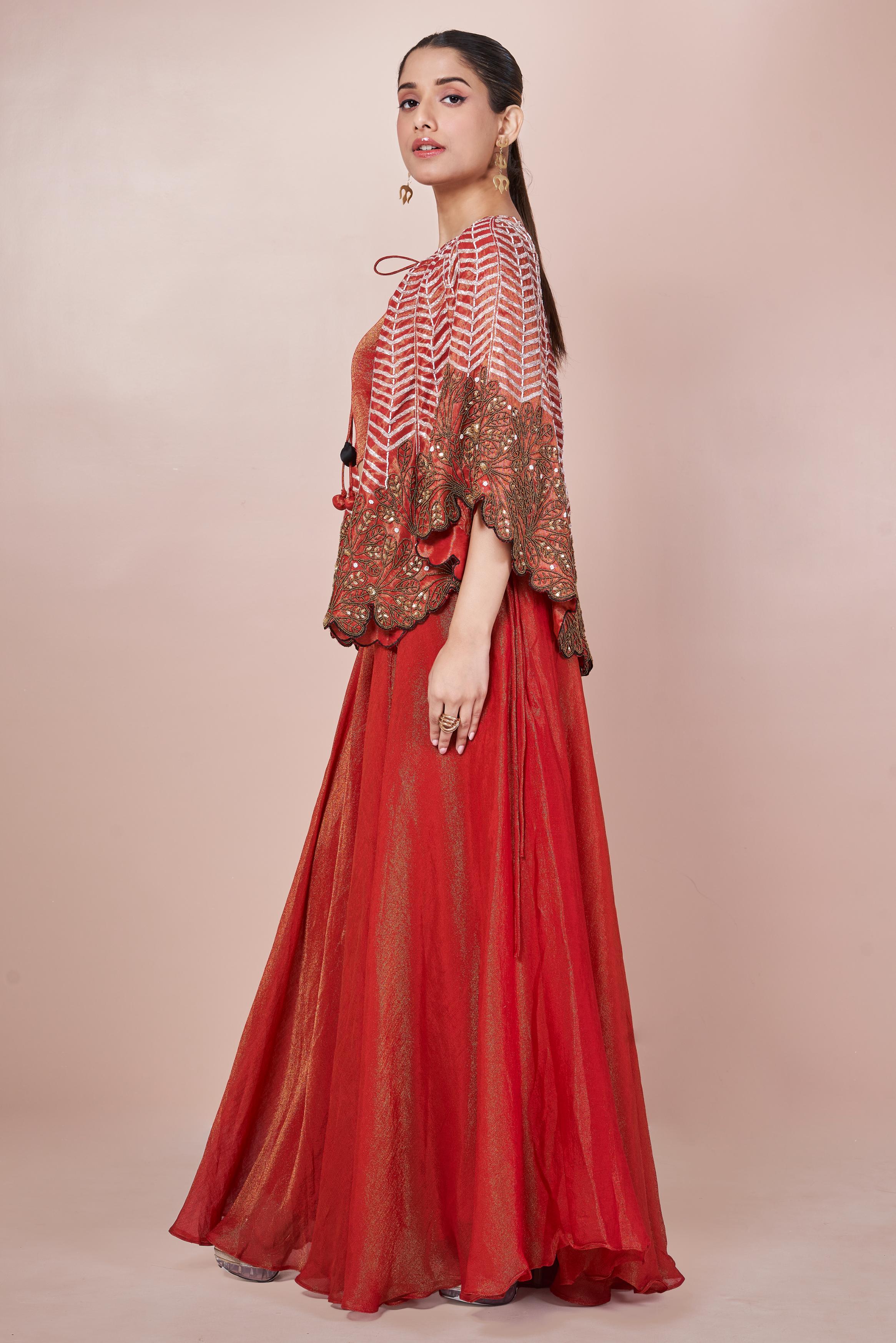 Rust Orange Embellished Chinon Silk Palazzo Set