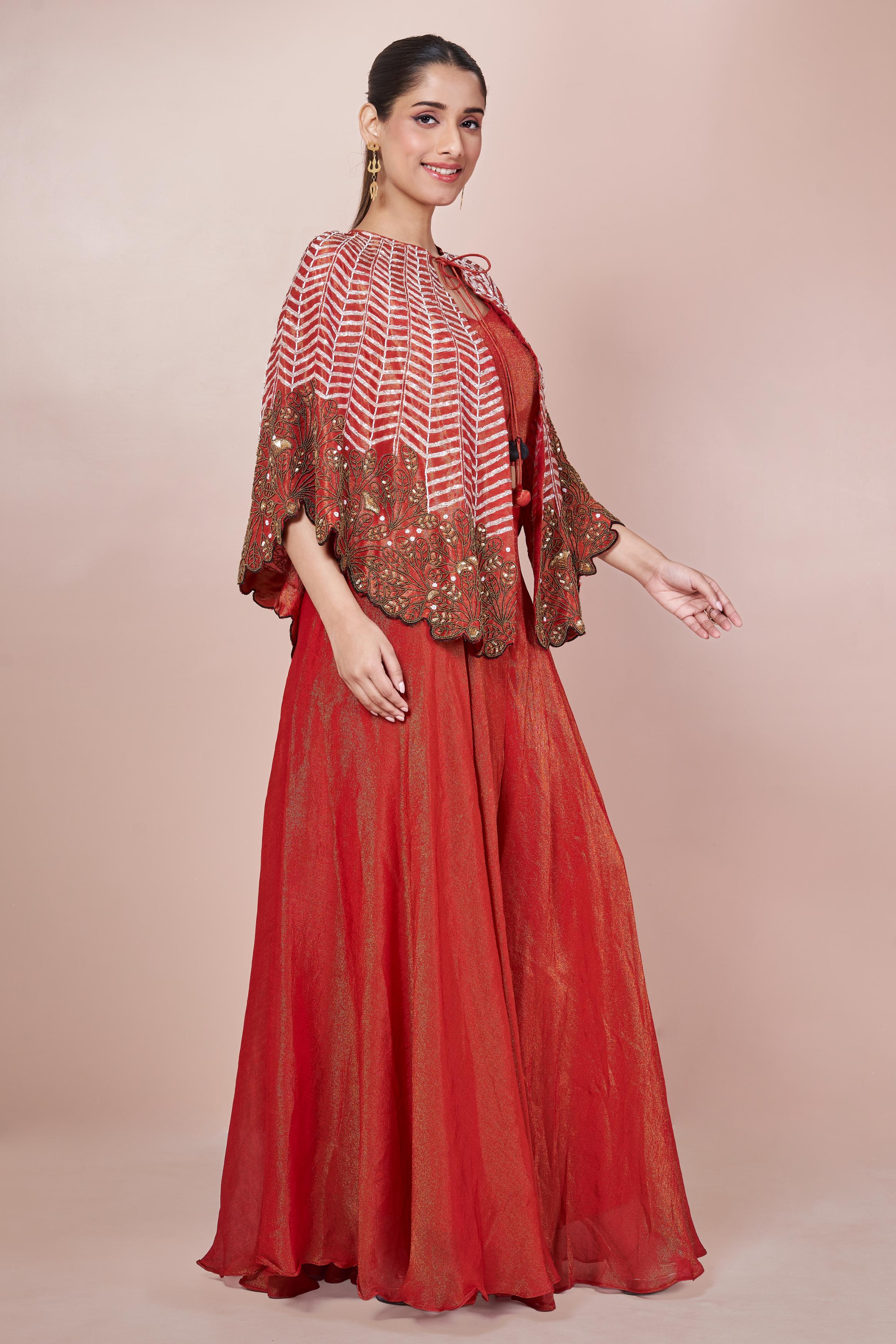 Rust Orange Embellished Chinon Silk Palazzo Set