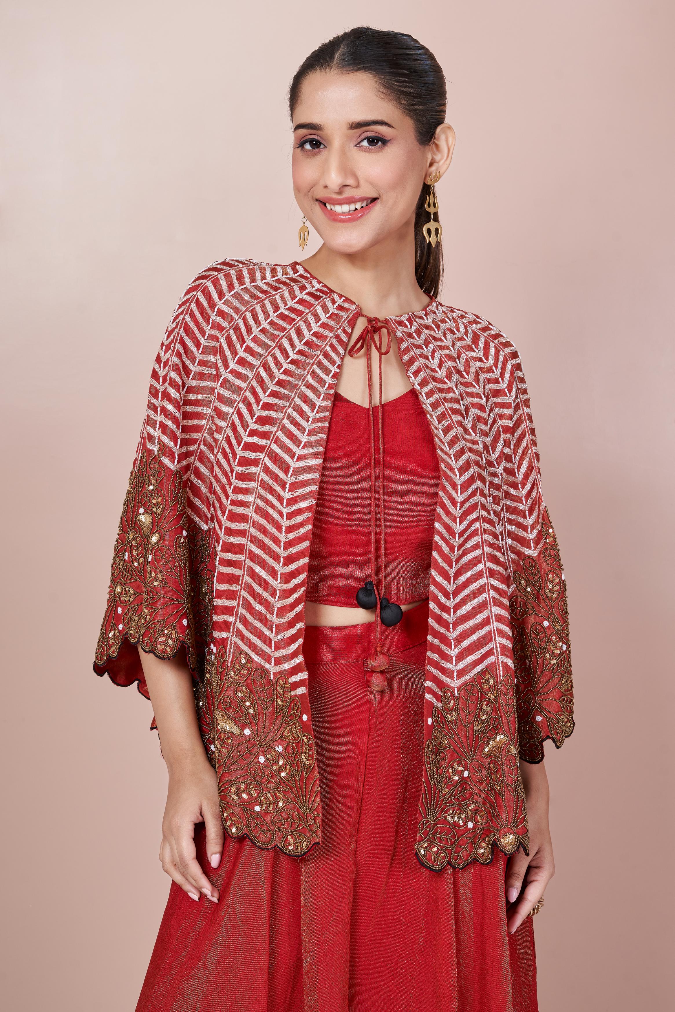 Rust Orange Embellished Chinon Silk Palazzo Set