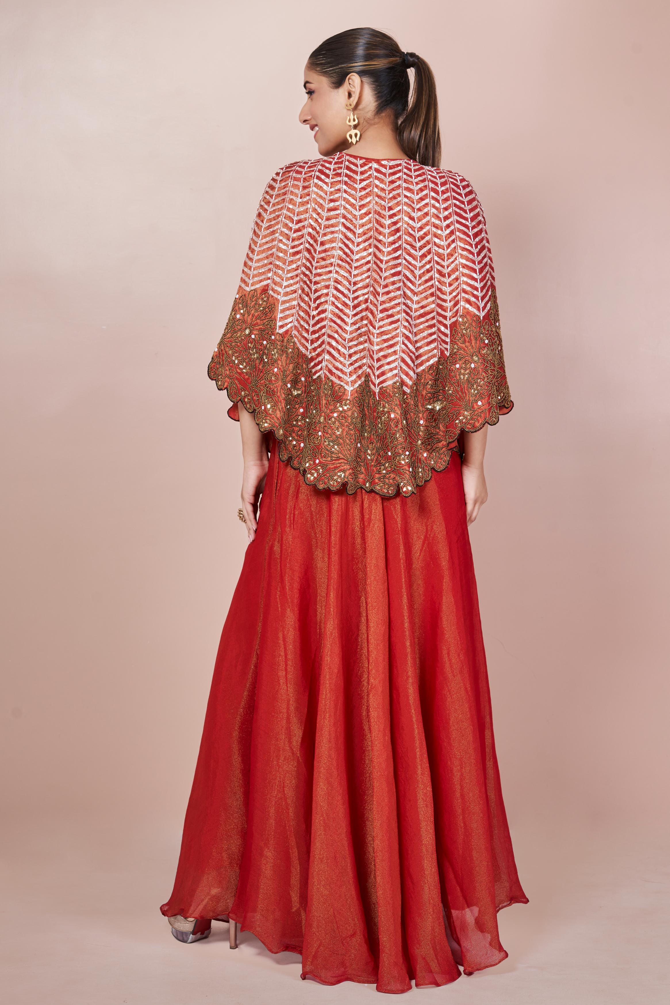 Rust Orange Embellished Chinon Silk Palazzo Set