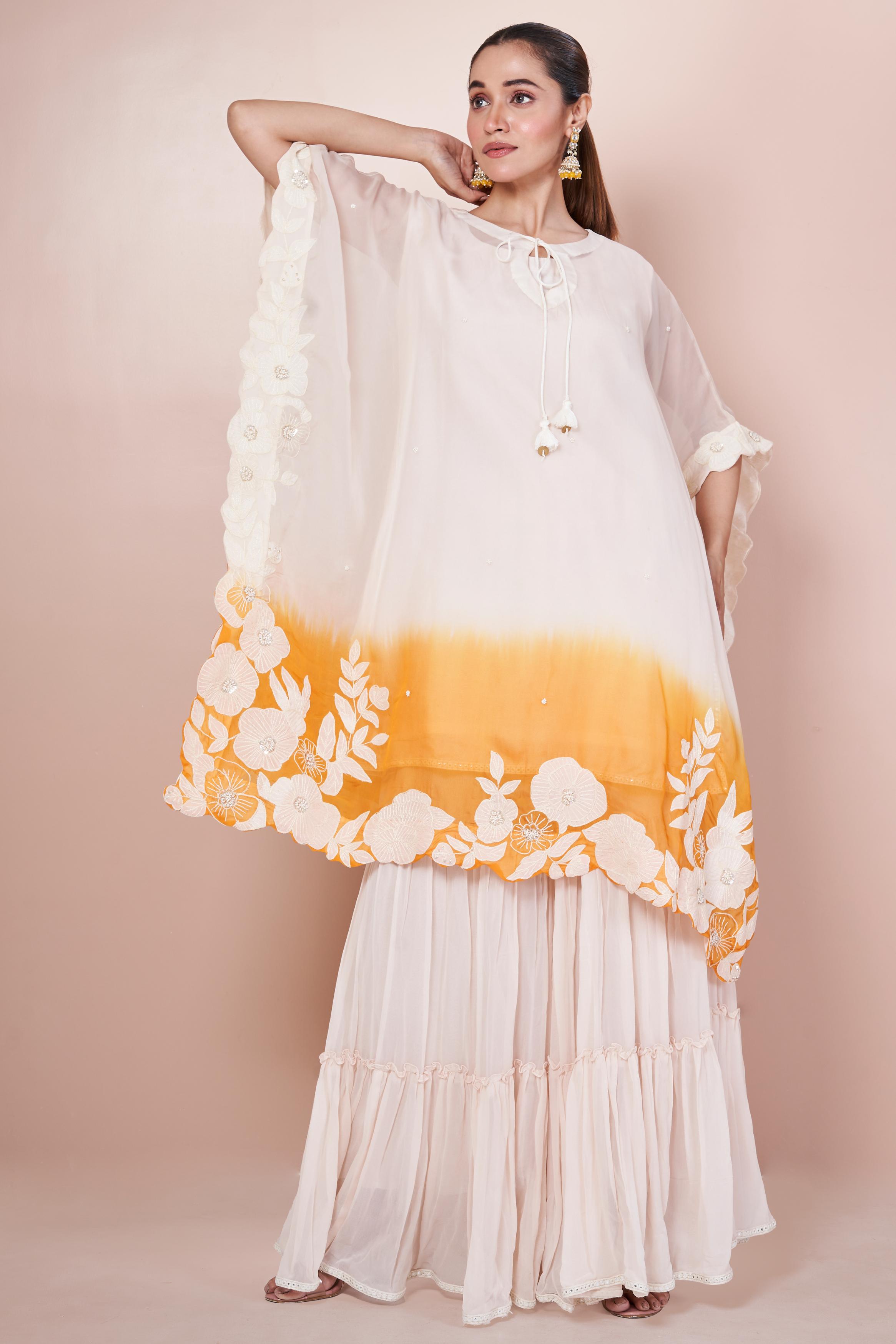 Orange Ombre-Dyed Embroidered Georgette Silk Sharara Set