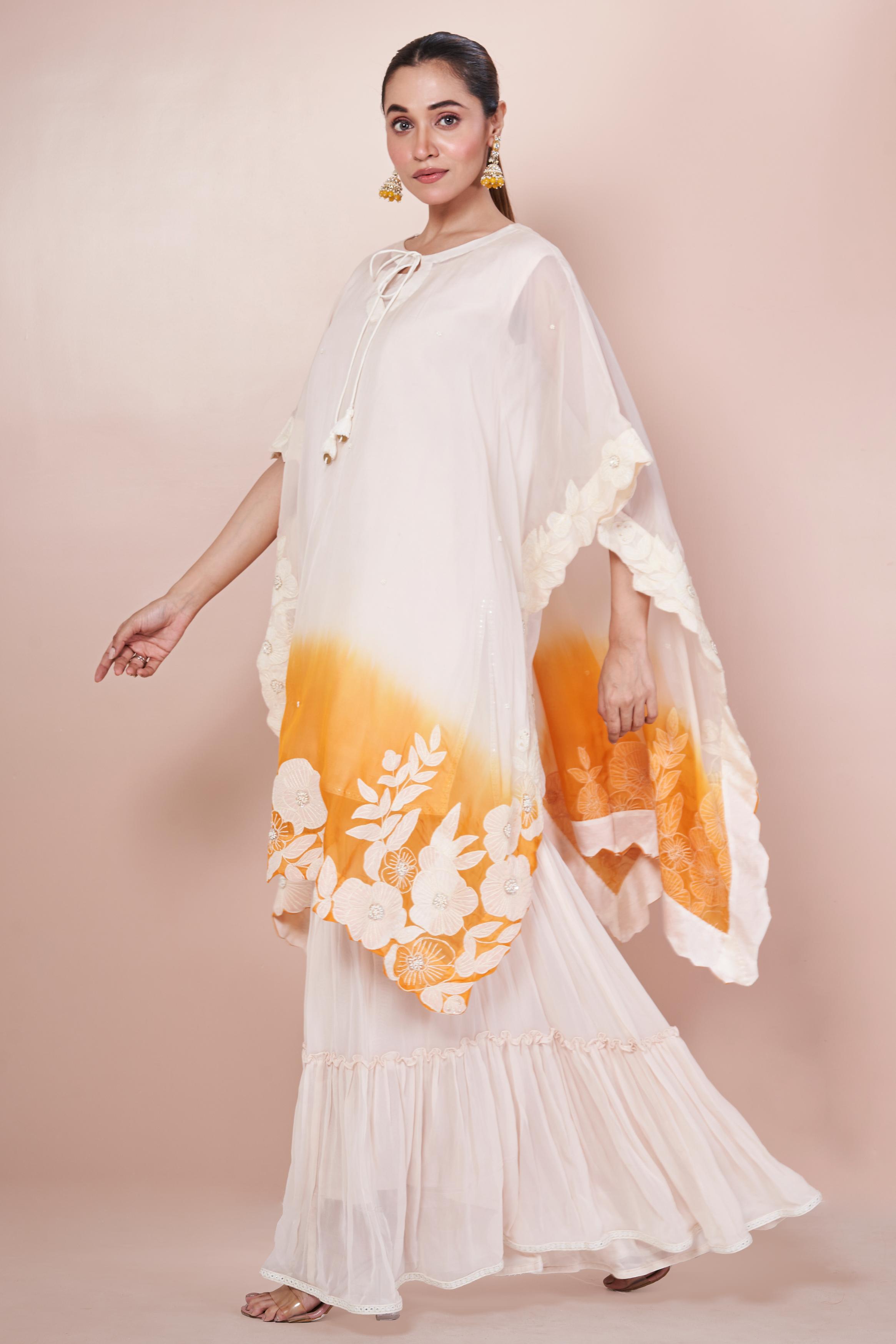 Orange Ombre-Dyed Embroidered Georgette Silk Sharara Set