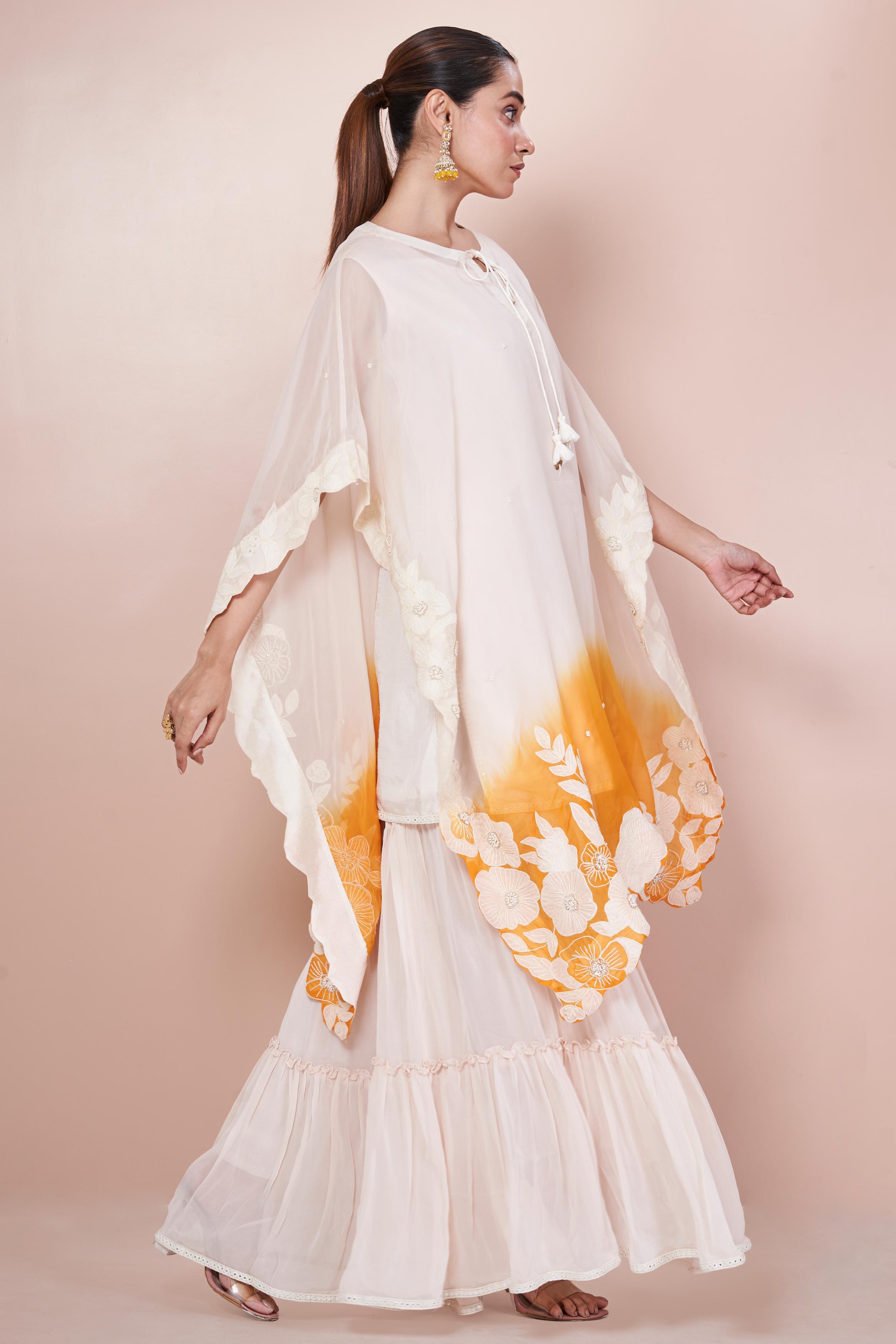 Orange Ombre-Dyed Embroidered Georgette Silk Sharara Set