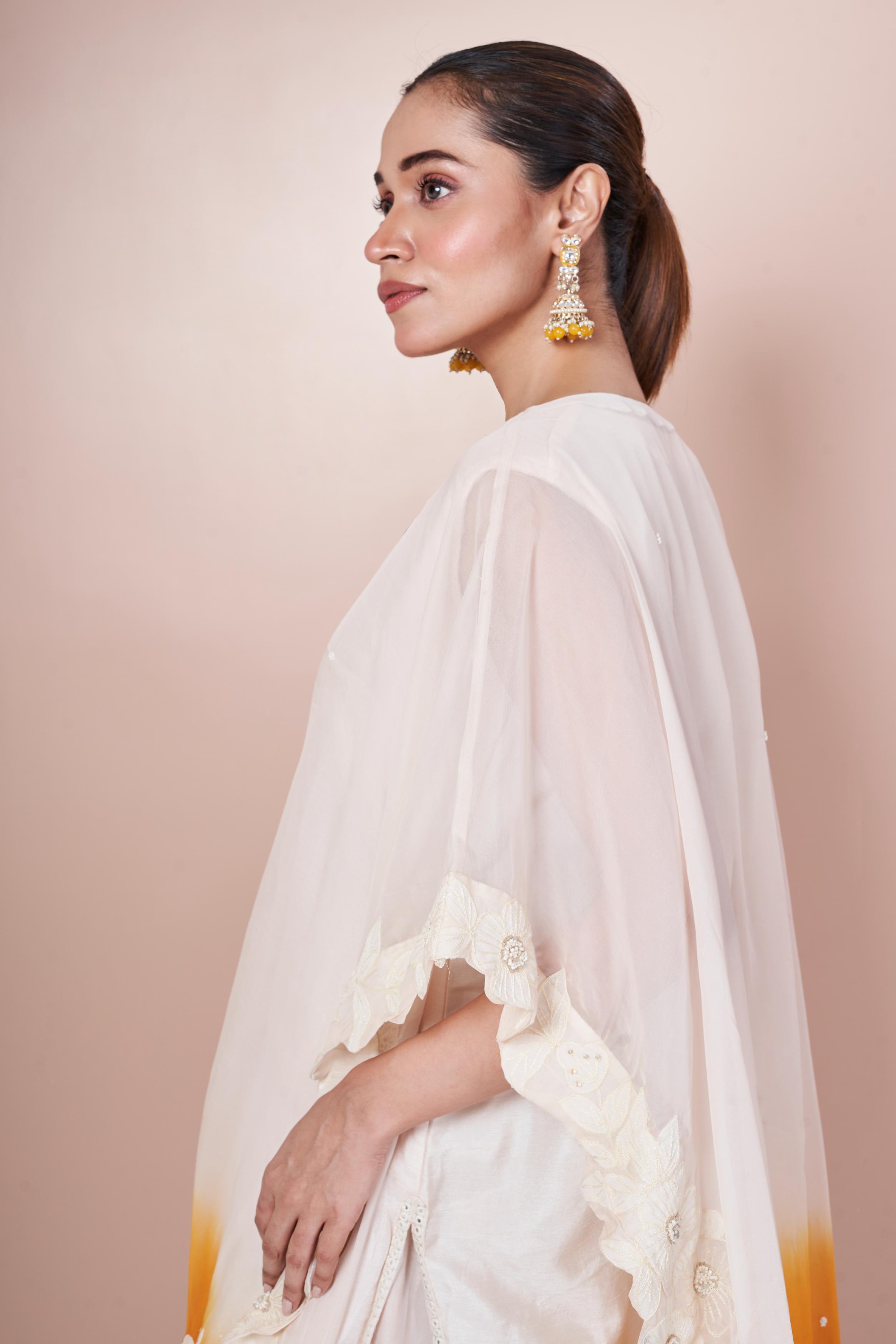 Orange Ombre-Dyed Embroidered Georgette Silk Sharara Set